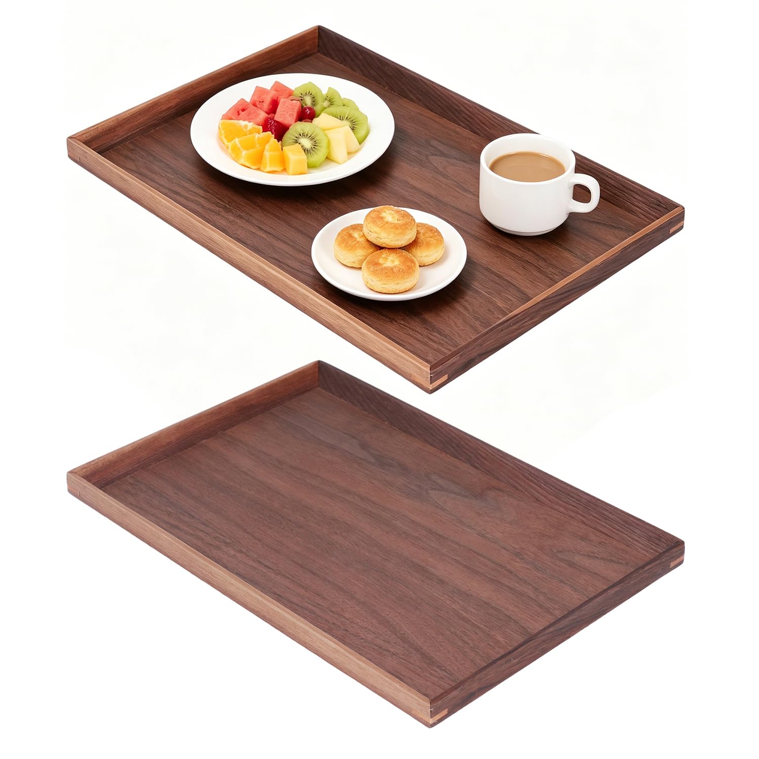 Walnut Wood Serving Tray, Decorative Rustic Wood Rectangle Platter Coffee Table Tray for Breakfast, Dinner, Appetizers, Bed, Ottoman, Kitchen, Home Decor (Small*2pcs)
