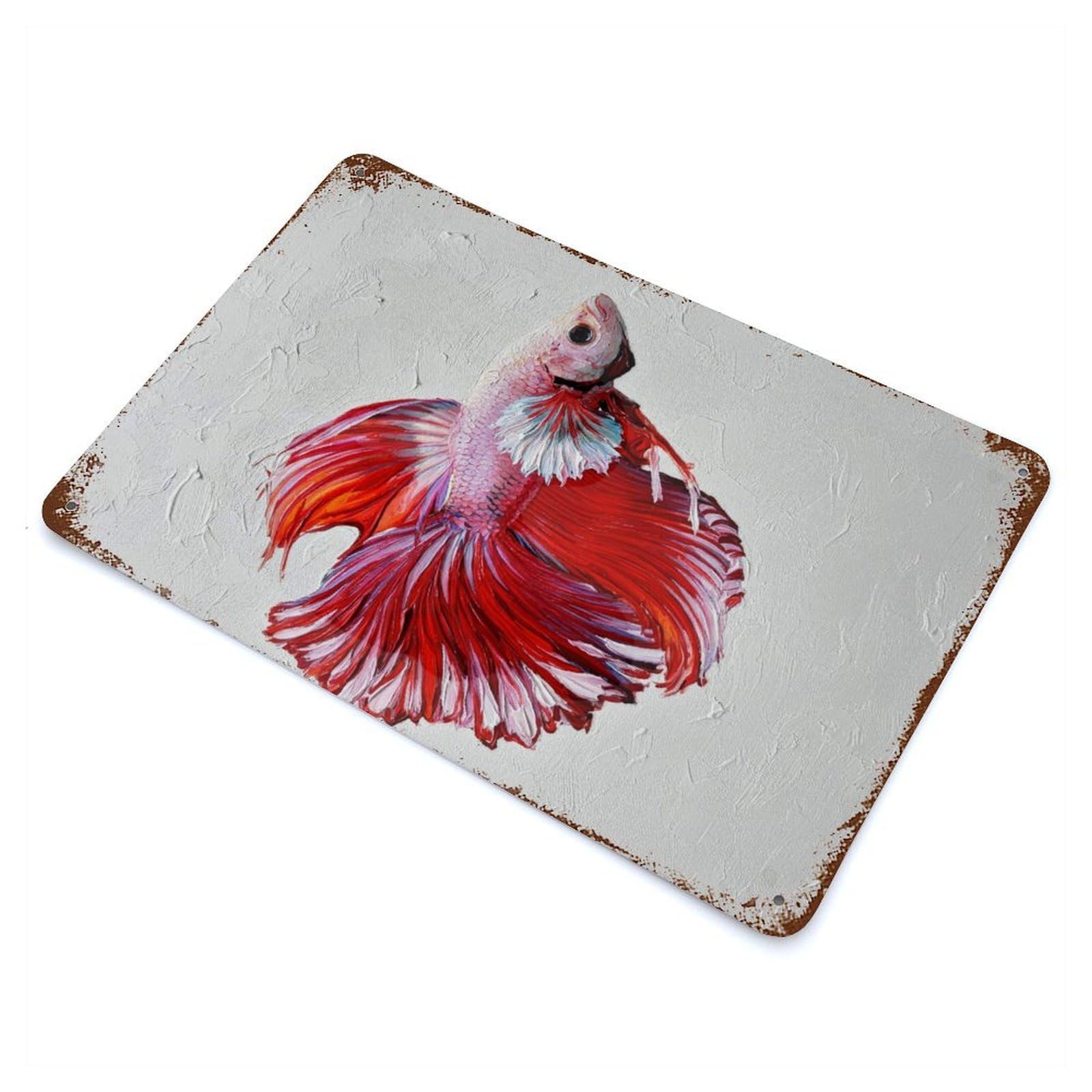 Red Betta Fish Painting Rusty Metal Tin Sign 11.8"x7.9", Farmhouse Wall Decor for Farmhouse, Kitchen And Entryway Decor