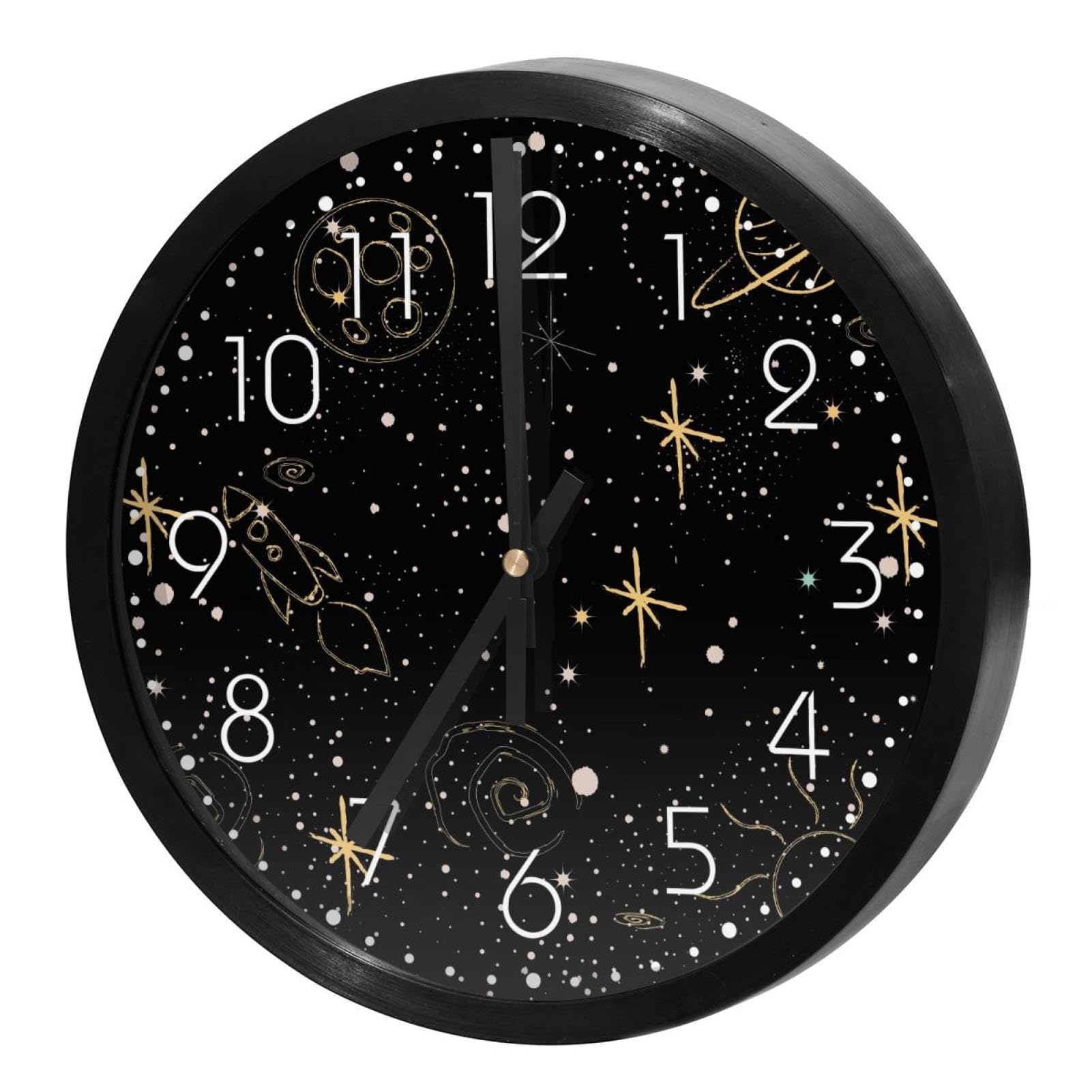 Horloge murale à quartz sans tic-tac pendule ronde à pile thème espace pour bureau et cuisine