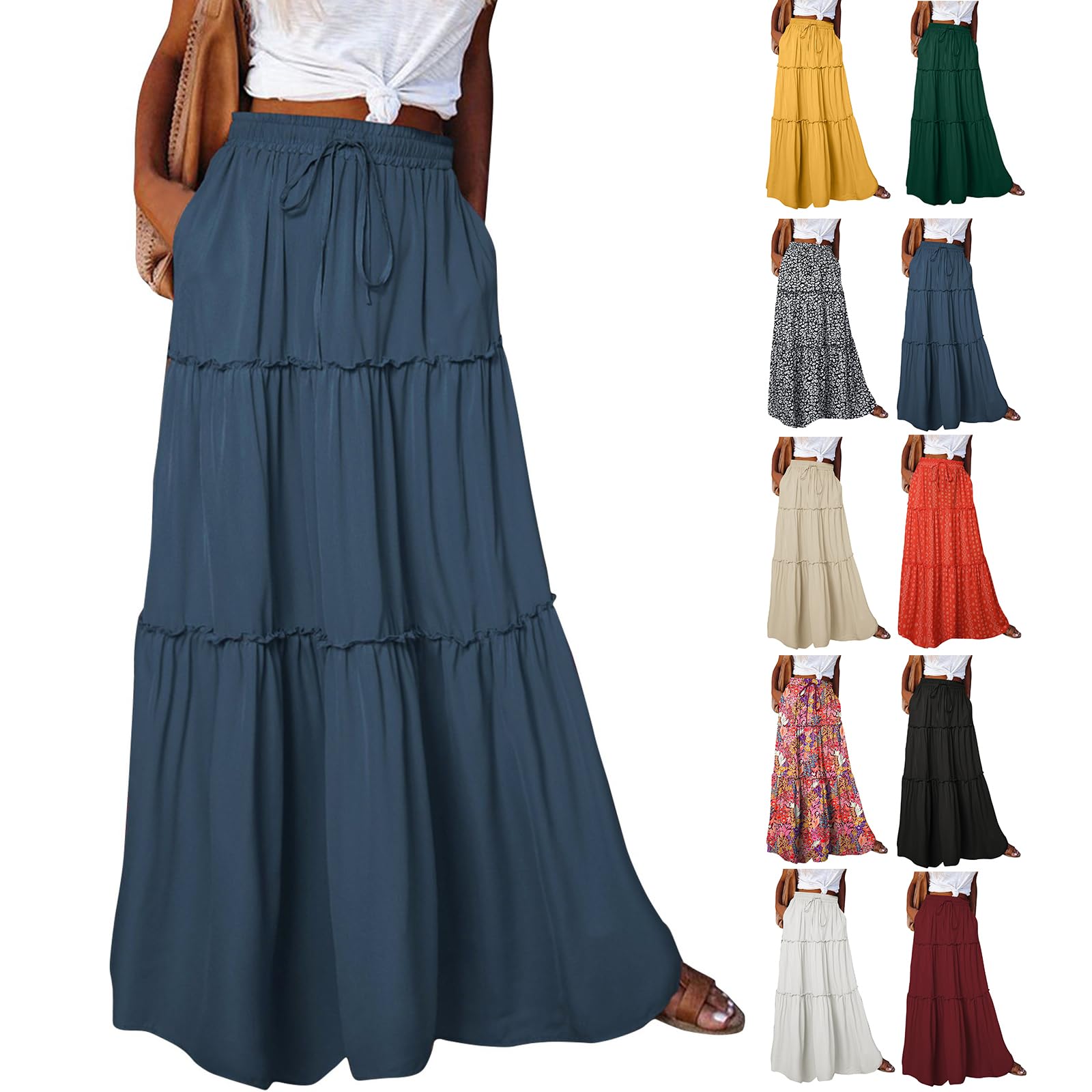 Flowy Maxi Skirts for Women High Waisted Tiered Long Skirt Ladies Soft Drawstring Casual Ruffle Skirts Pleated Skirts Plus Size Dressy Spring Skirts for Women 2025 Summer Skirts Flowy Skirts for Women