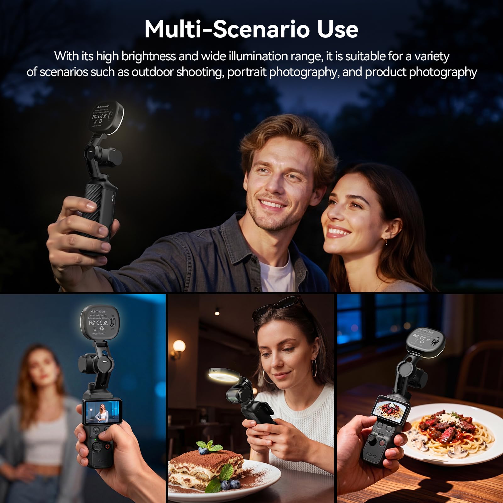 AMAZEAR Lampe LED vidéo pour DJI OSMO Pocket 4, Accessoires OSMO Pocket 4– Éclairage d'appoint Auto-Follow Gimbal Selfie Vlog, CRI≥95, 3 températures réglables, 500mAh 1.6W USB-C, Noir