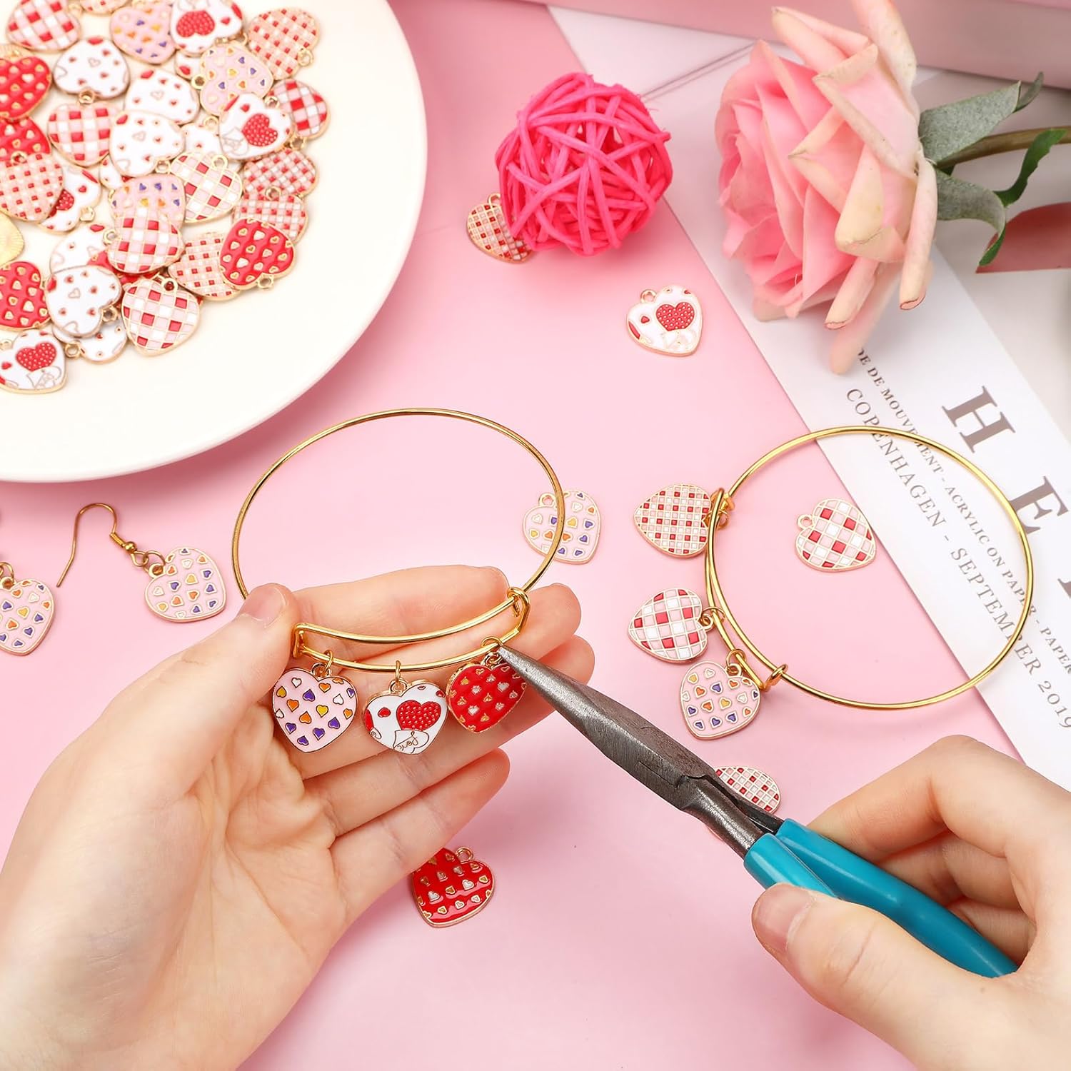 Valentine's Day Charms - 60pcs Assorted Heart Charms for Jewelry Making - Gold Enamel Pendants for Bracelets, Necklaces & Earrings - DIY Crafts - Image 4