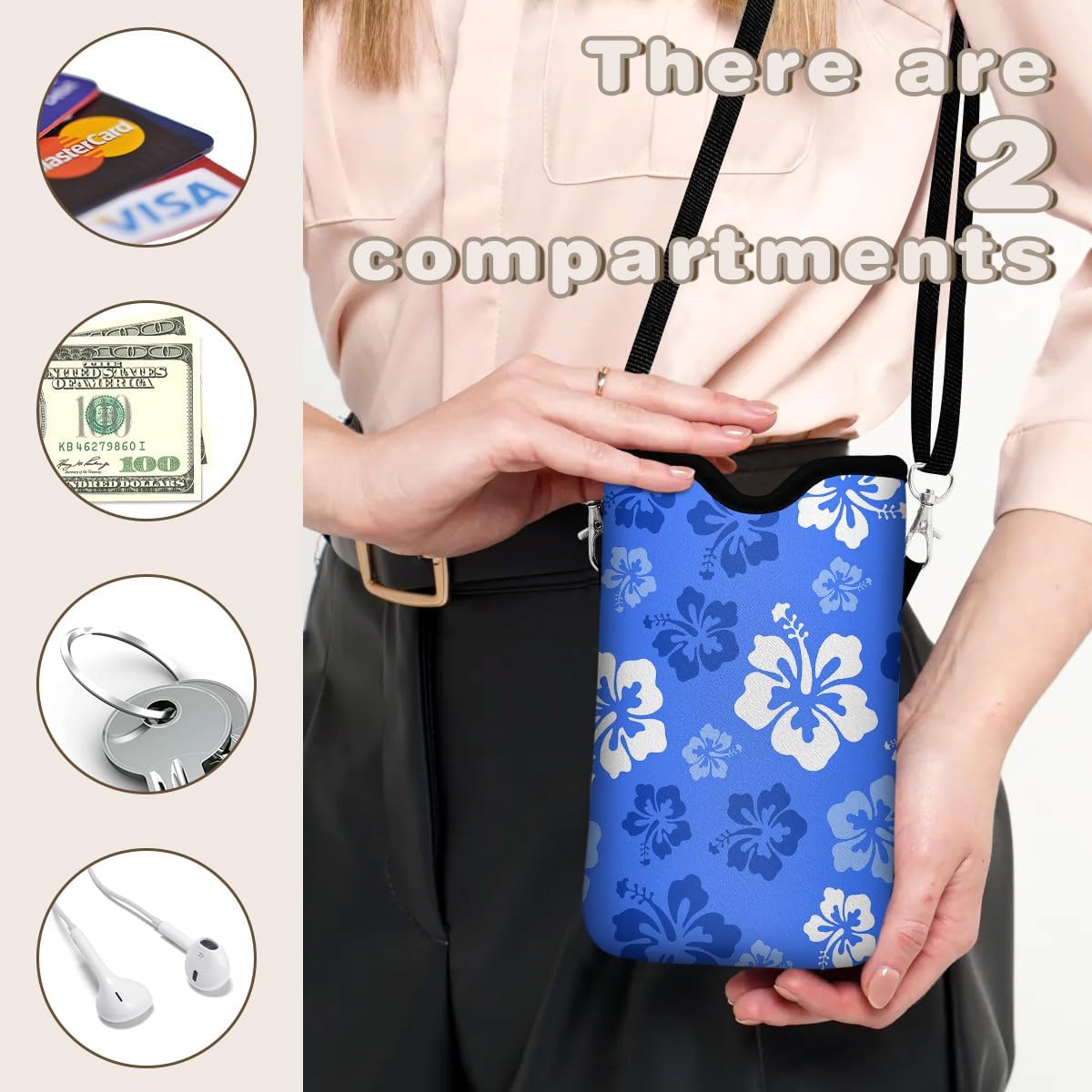 Universal Phone Sleeve Pouch with Crossbody Strap 7.6 X 4.3 Inches Shockproof Water Resistant Mobile Protection Bag-Hawaiian Floral Neoprene Phone Pouch Bag - Image 3