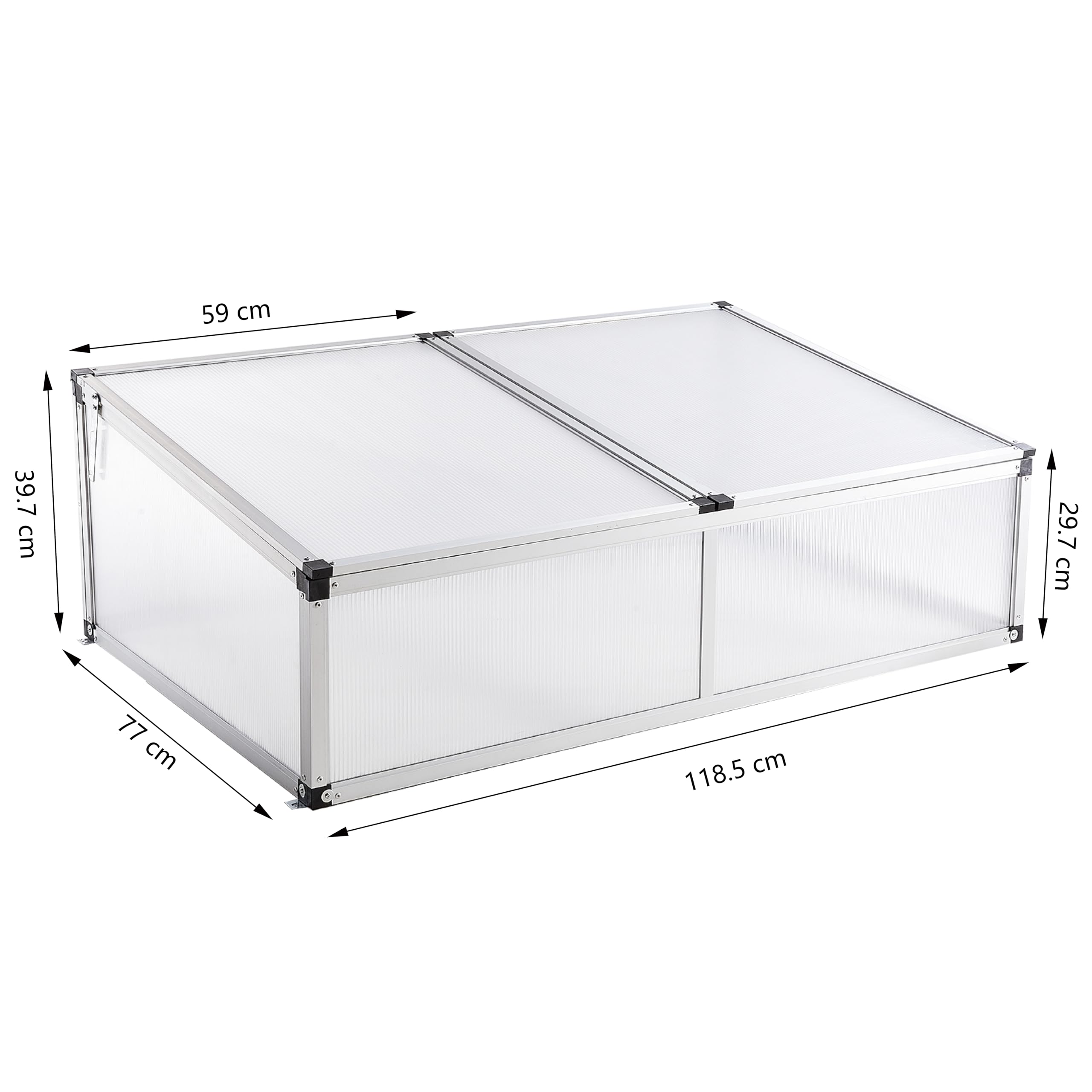 Alu Frühbeet lichtdurchlässig Frühbeetkasten Mini Gewächshaus Treibhaus UV Schutz Pflanzbeet 118x77x40 cm Doppeldach Silbern