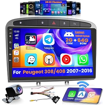 Inefala 2 + 64G Android 15 CarPlay Radio for Peugeot 308/408 2007-2013 9 Inch Touchscreen with Wireless CarPlay and Android Car Support GPS Navigation Link Mirror Bluetooth RDS AHD DSP
