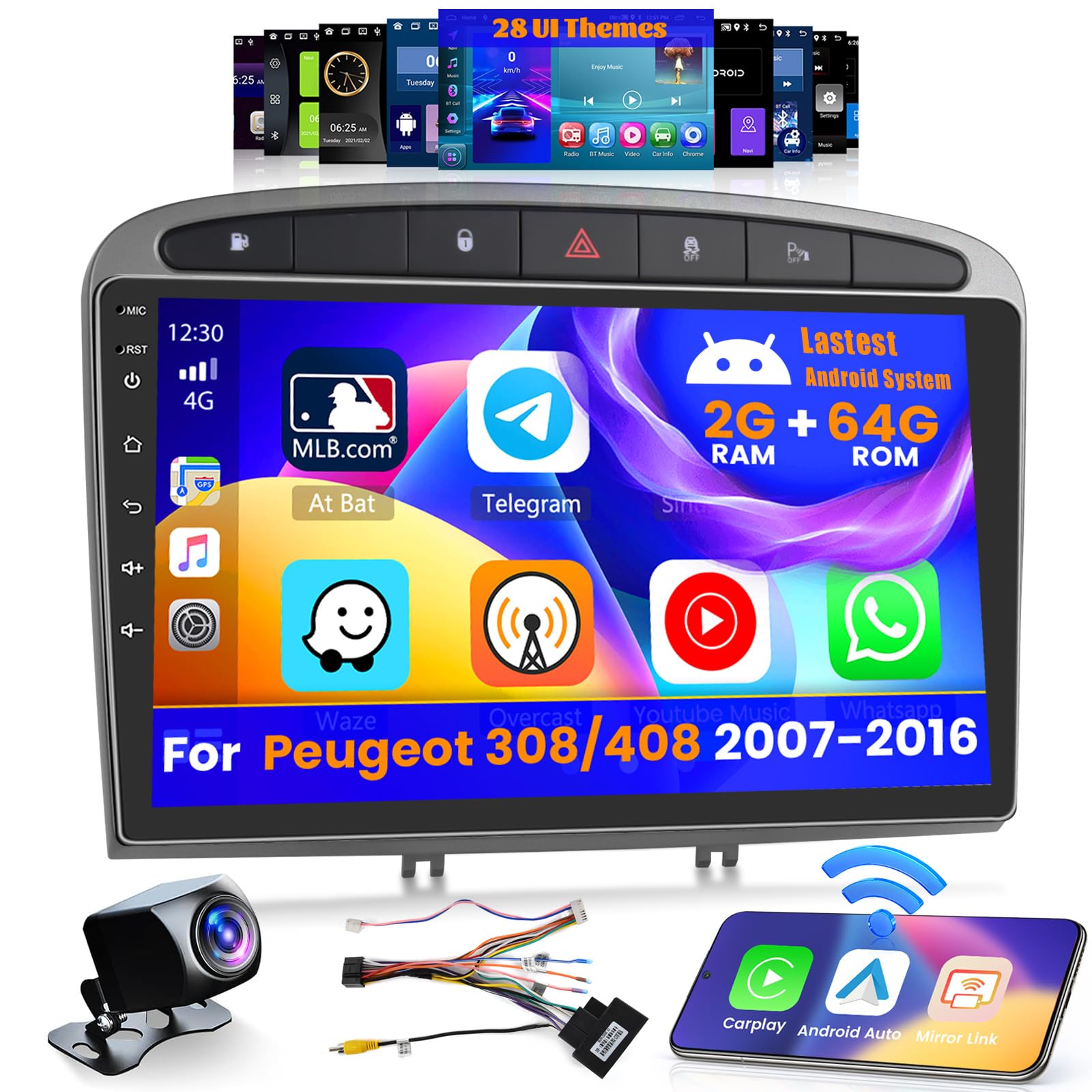 Inefala 2G+64G 9'' Android 15 Autoradio pour Peugeot 308/408 2007-2016 | Radio avec CarPlay sans Fil et Android Auto, 9 Pouces Écran Tactile avec Lien Miroir Bluetooth RDS DSP WiFi GPS 28 UI AHD