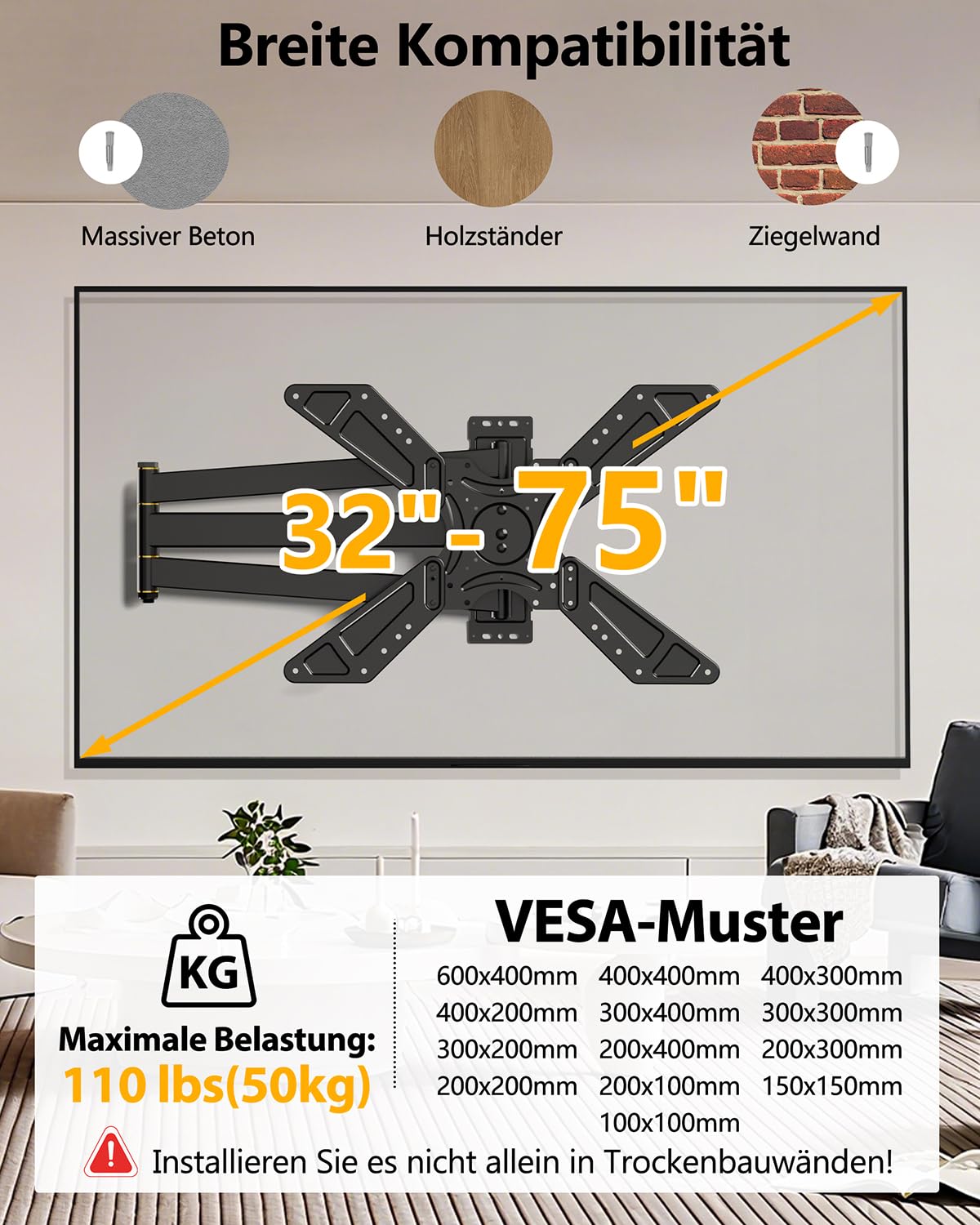 TV Wandhalterung Schwenkbar für 32-75 Zoll Fernseher, 180° Drehung von Querformat zu Hochformat Ecke TV Halter mit 850mm Langem Arm, Fernseher Halterung für die Wand VESA 600x400mm bis zu 50kg