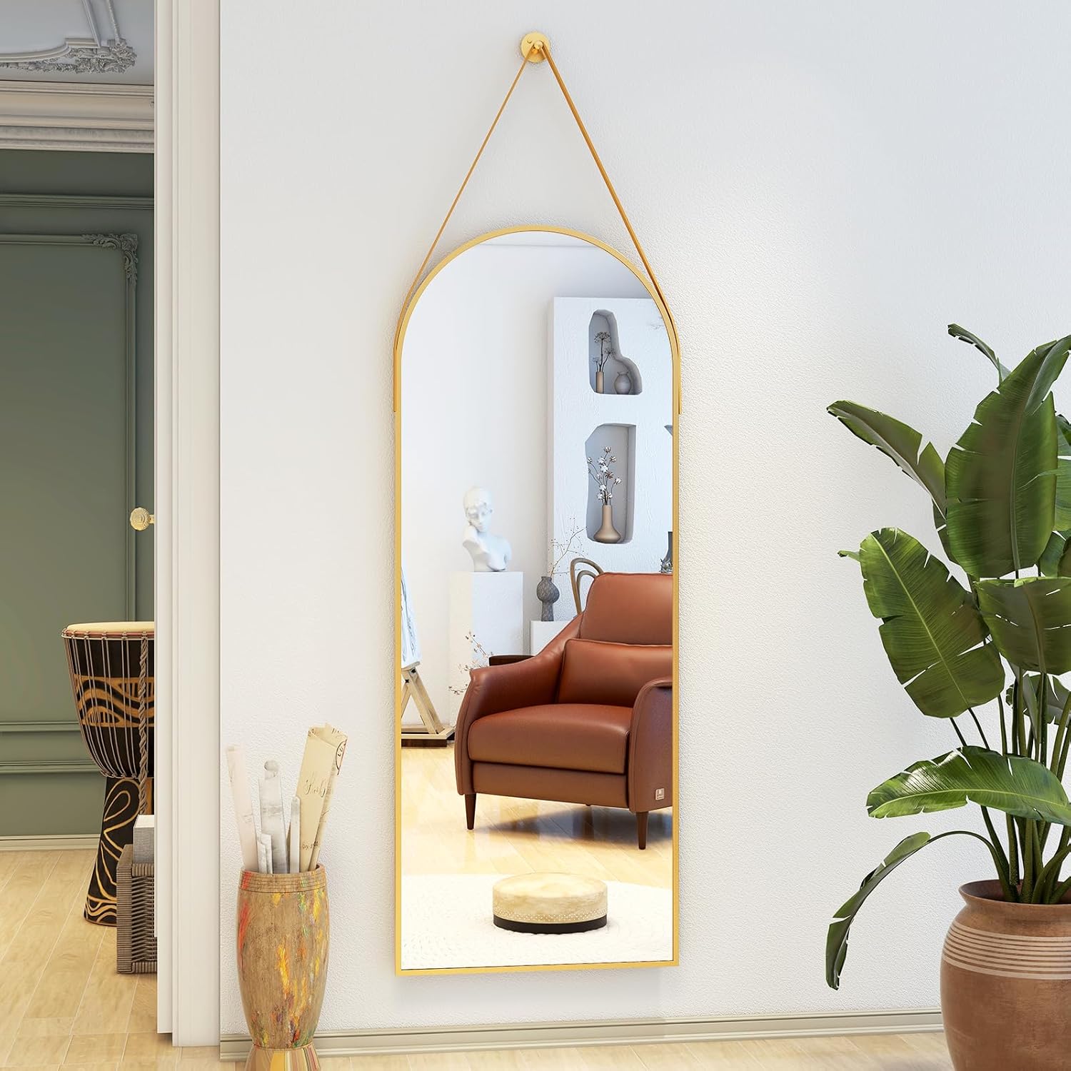 16''x48'' Full Length Mirror, Modern Arched Door Mirror Full Length with Hanging Leather Cord, Wall Mounted Decor with Hanging Leather Strap for Bathroom Vanity Living Room Bedroom Entrance, Gold