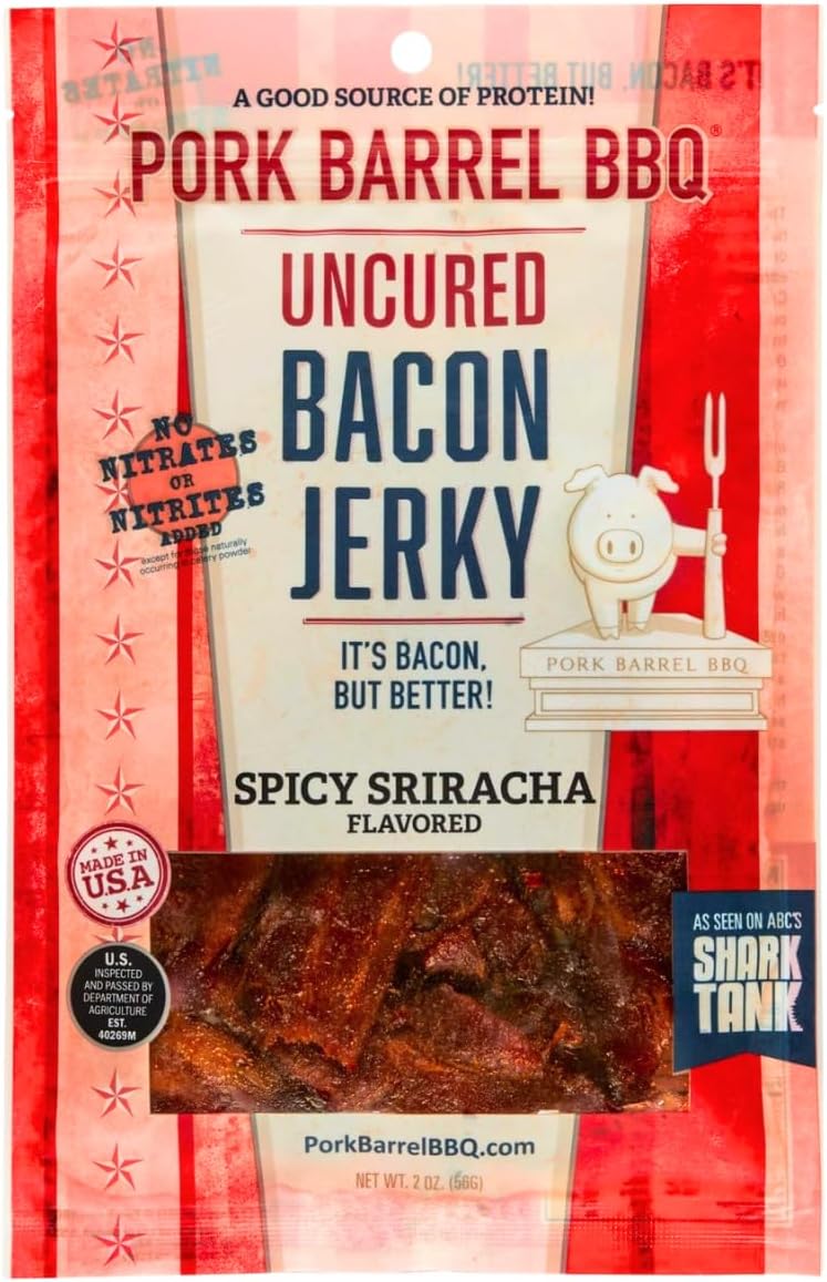 Pork Barrel BBQ Spicy Sriracha Bacon Jerky - Uncured Snacks, Spicy Slow Cooked Bacon, Nitrate and Nitrite Free, Gluten Free Protein Snack, 2 oz