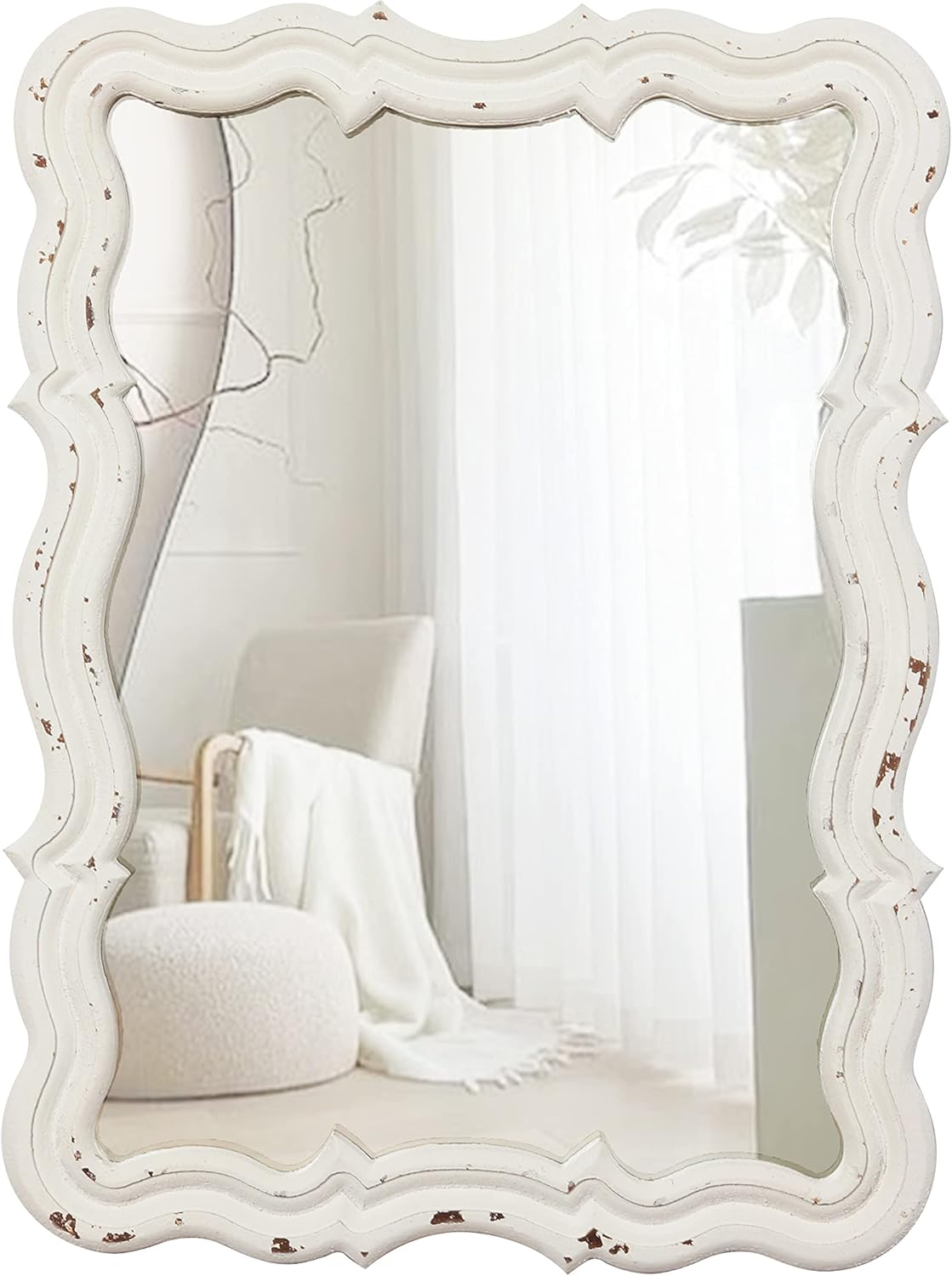 Sintosin Classic Scalloped Wall Mirrors Ornamental 16 x 12 inch, Hanging Distressed White Sculpted Mirror, Wooden Vainness Mirror for Rest room, Farmhouse Small Wall Mounted Mirrors