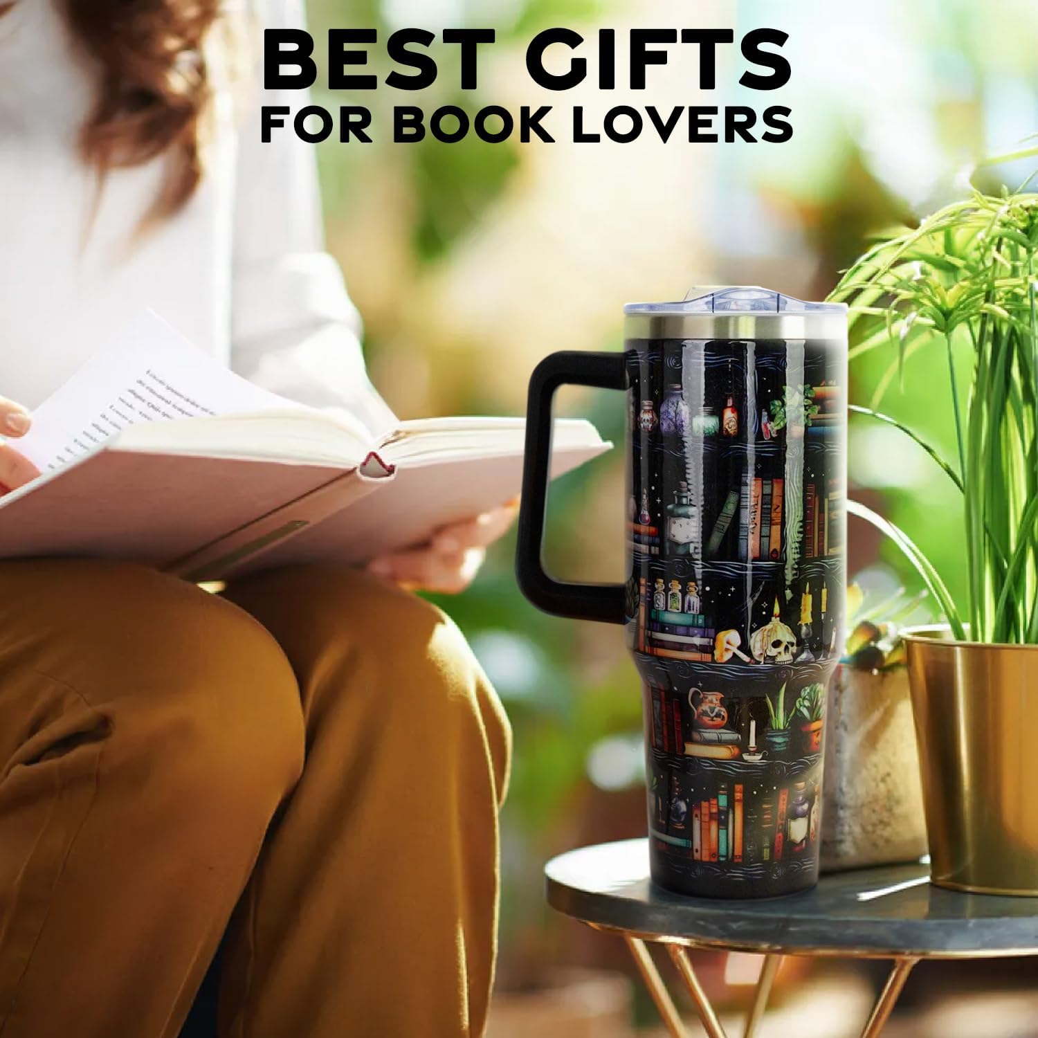 Book Lovers Gifts 40oz Tumbler with Handle and Straw Lid,Vacuum Insulated Leak Proof Tumbler bookish gifts for Women Readers Librarian,Book Accessories Stainless Steel Travel Mug,Skull Bookshelf - Image 7