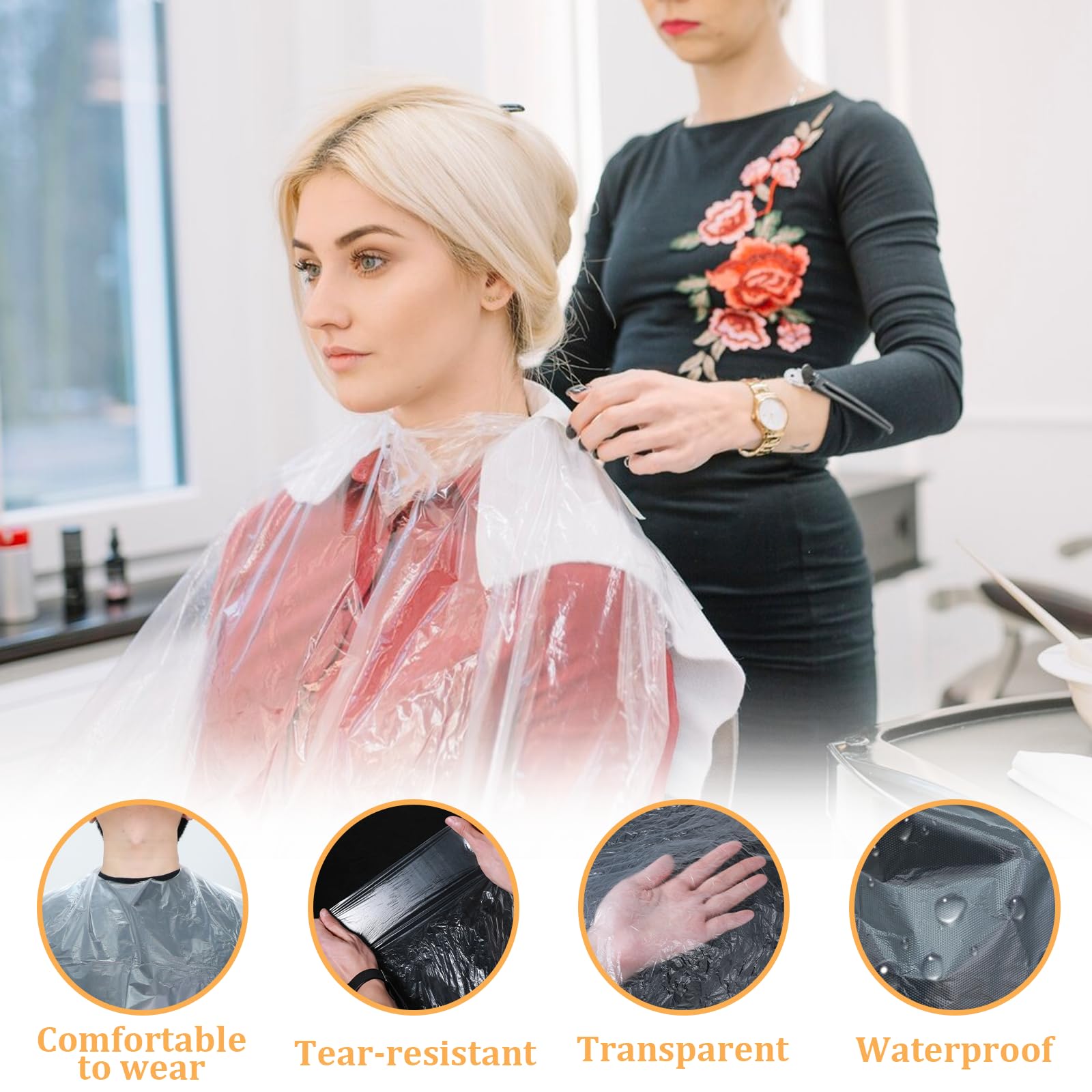 100 capas desechables para cortar el cabello, 47 x 36 pulgadas, impermeables, para peluquería, peluquería, peluquería, peluquería, peluquería, capa de plástico para colorear, delantal para colorear, 3