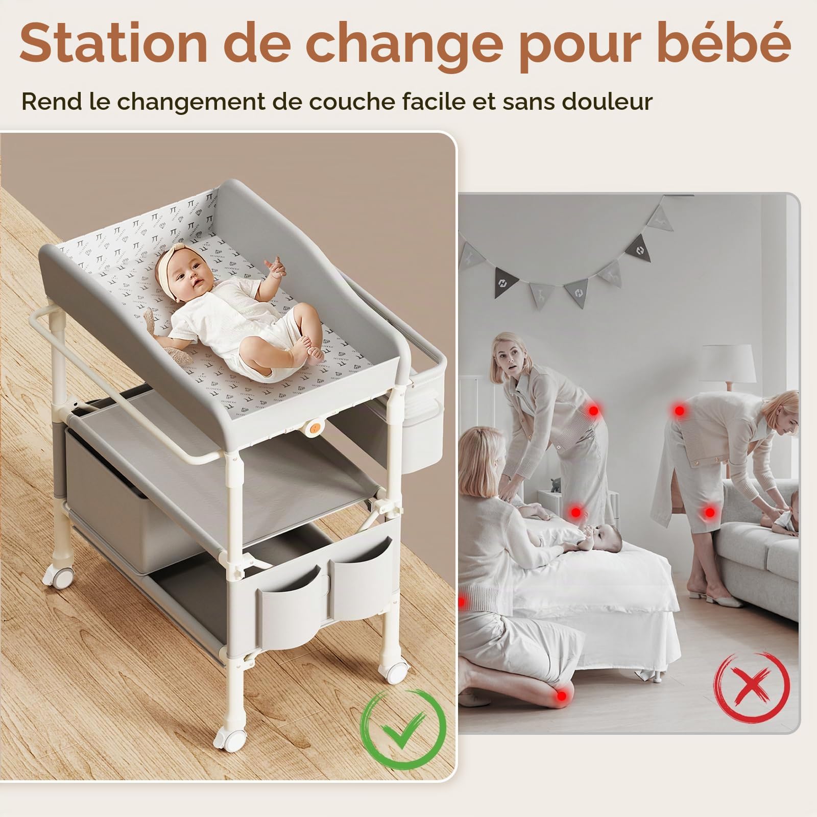 Table à Langer Pliable, Table a Langer Bebe avec Panier de Rangement,Organiseur de Couches 5 Réglable en Hauteur et 4 roues avec frein, pour Chambres d'enfant, 81x54x103cm, Charge Max 65KG