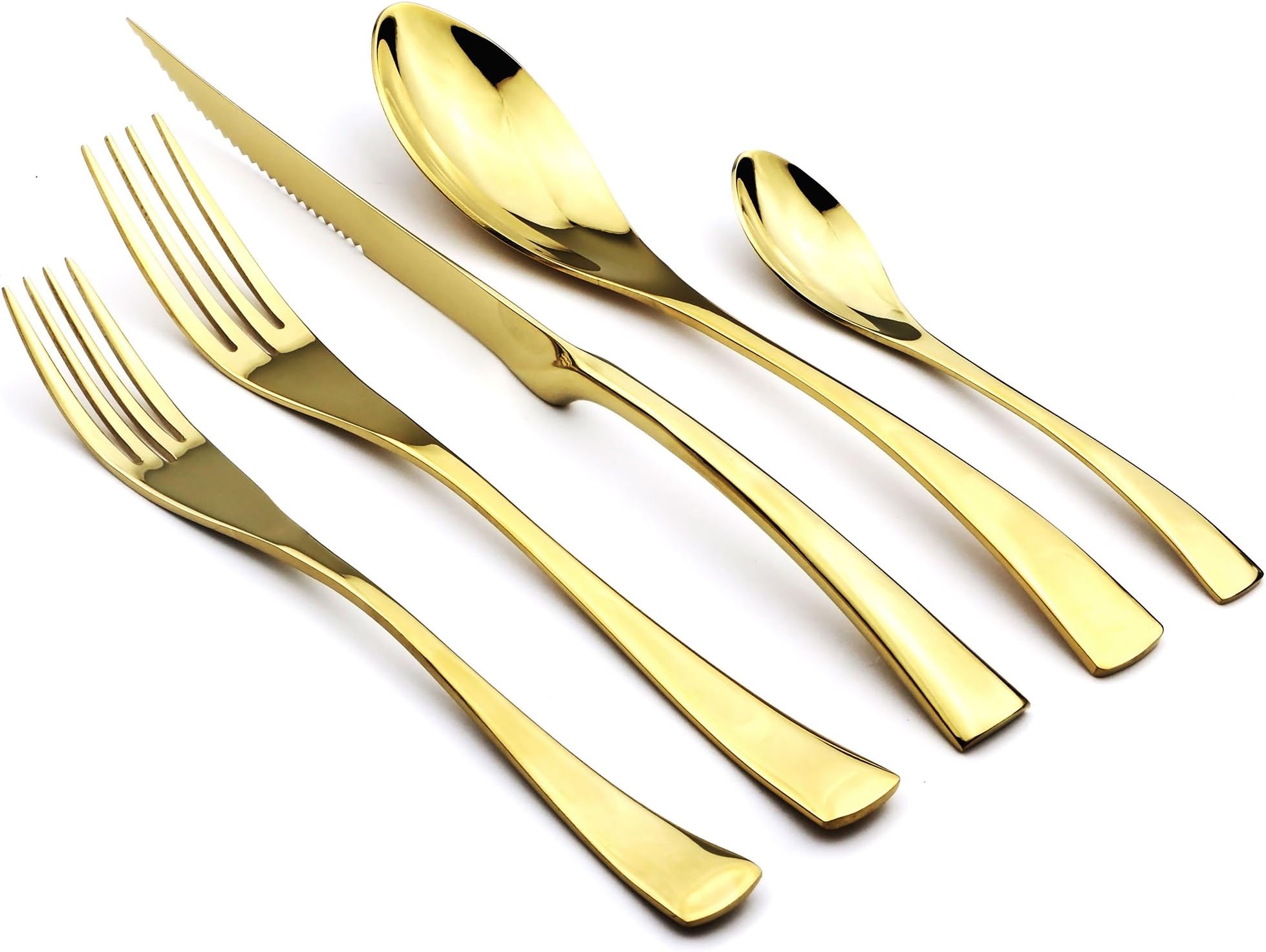 JANKNG 20-Piece 18/10 Stainless Steel Serrated Steak Knife Flatware Set, Mirror Polishing Gold,Service for 4