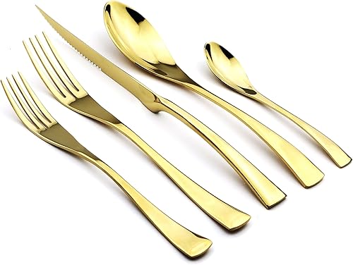 JANKNG Juego de cubiertos de acero inoxidable 1810, 20 piezas, acero inoxidable, pulido de espejo, dorado, servicio para 4