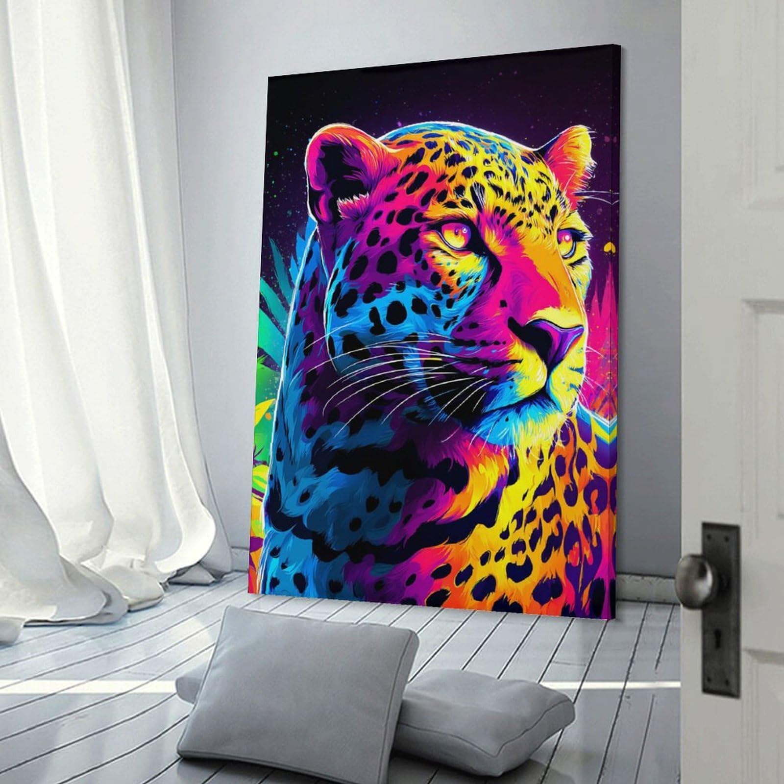 Junmoney Home Decor Wall Art Neon Leopard Vibrant Artwork, 24x36inch(60x90cm), for New Homes, Bedrooms Or Workspaces, Home Decor Gift with Stylish Appeal