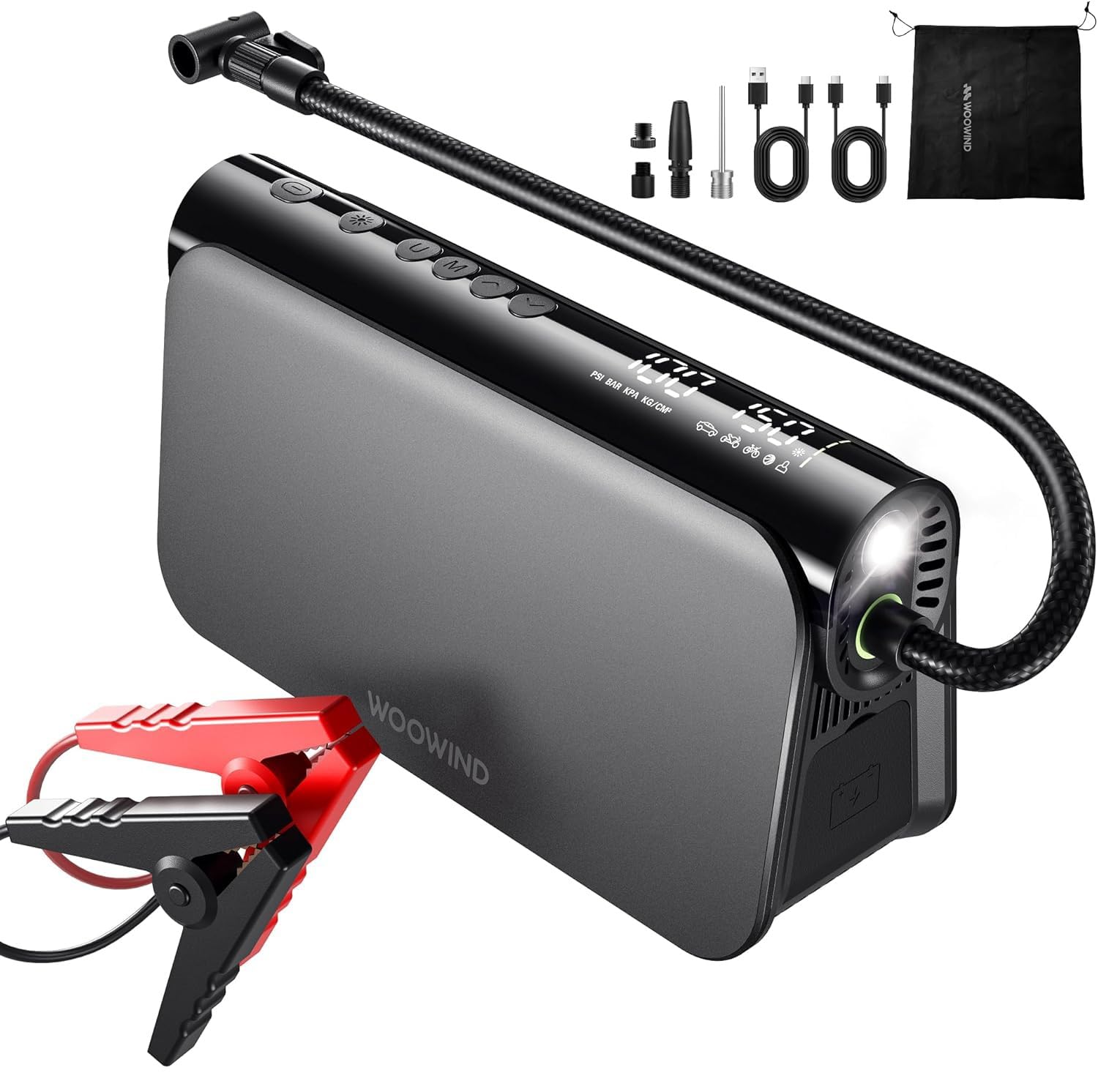 Woowind 3-in-1 Starthilfe Powerbank für PKW mit 150PSI/10,3Bar Akku Kompressor, 65 W Powerbank & LED-Licht – Auto Starthilfe für 6.0 L Benzin & 3.0 L Diesel, 16000 mAh Booster Auto
