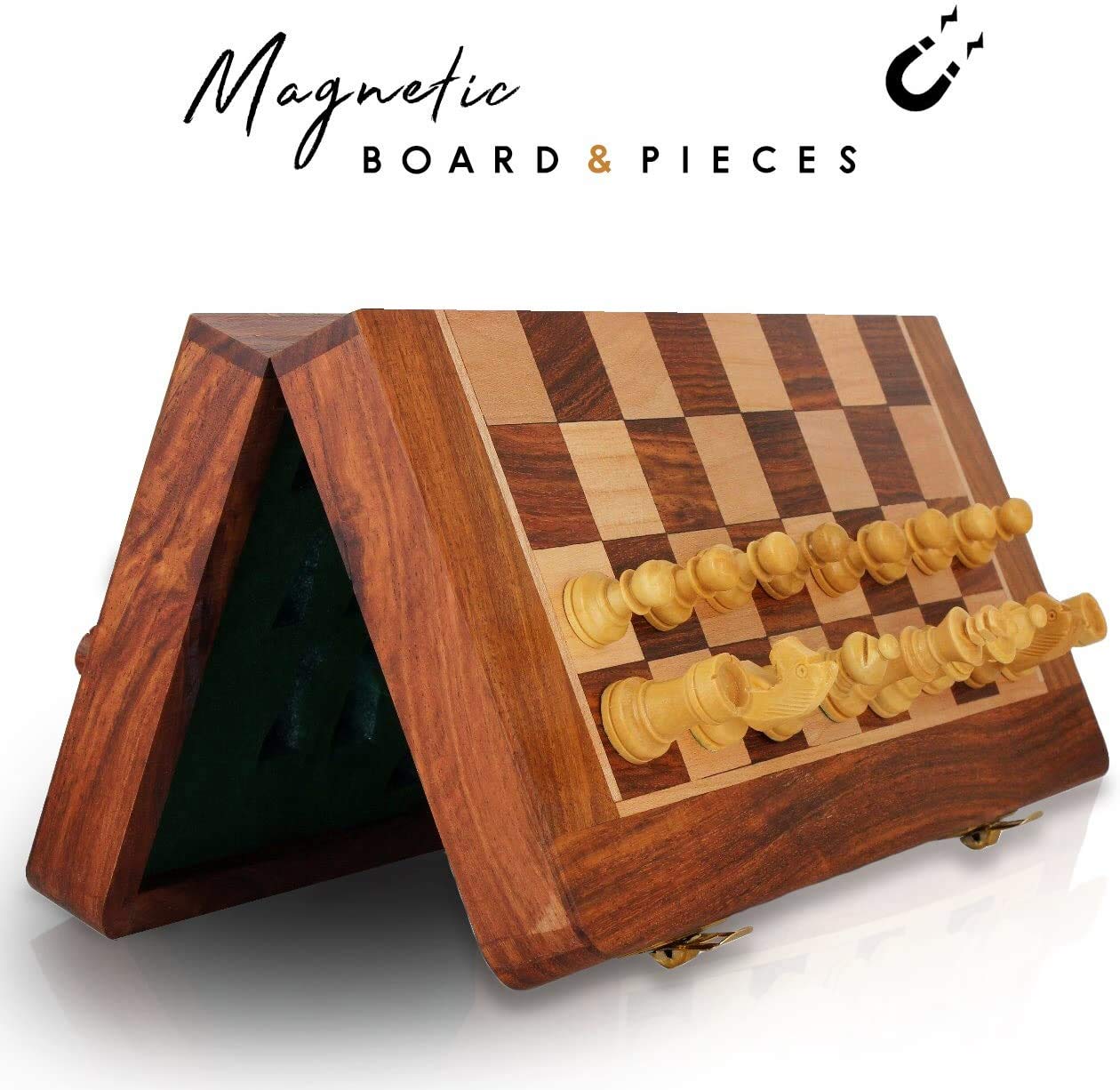 Ajuny Set di Scacchi da Viaggio Magnetici Decorativi - Legno di Acacia Realizzato a mano, Gioco da Tavolo Pieghevole con Eleganti età di Conservazione per Adulti e Bambini 12x12 pollici