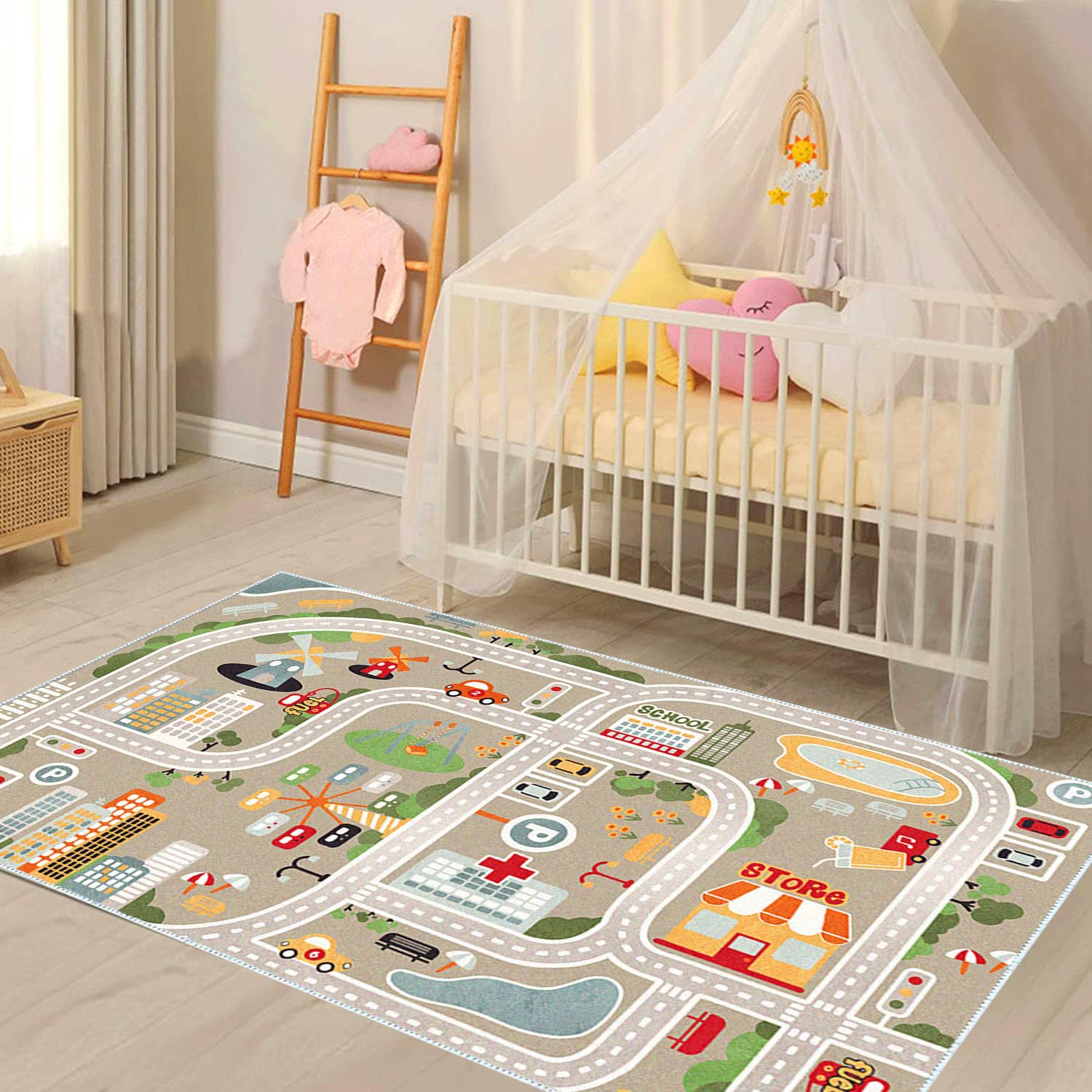 Kids Playroom Rug City Life Play Mat for Toy Cars and Trains, Play Area Rug with Rubber Backing Non-Slip Carpet, Kids Race Track Rug for Playing and Learning (2'7''X4'11''(Oblong))