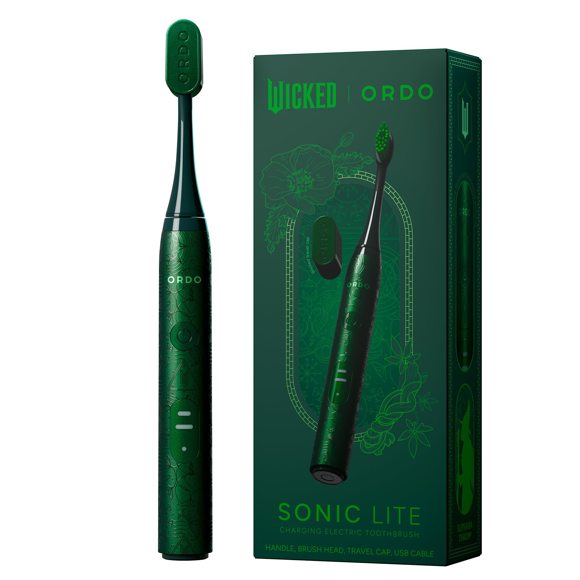 ORDO x Wicked Sonic Lite Cepillo de dientes eléctrico | Cepillo de dientes sónico recargable para adultos y adolescentes con carga USB-C, 2 modos y tapa de viaje, Elphaba Thropp