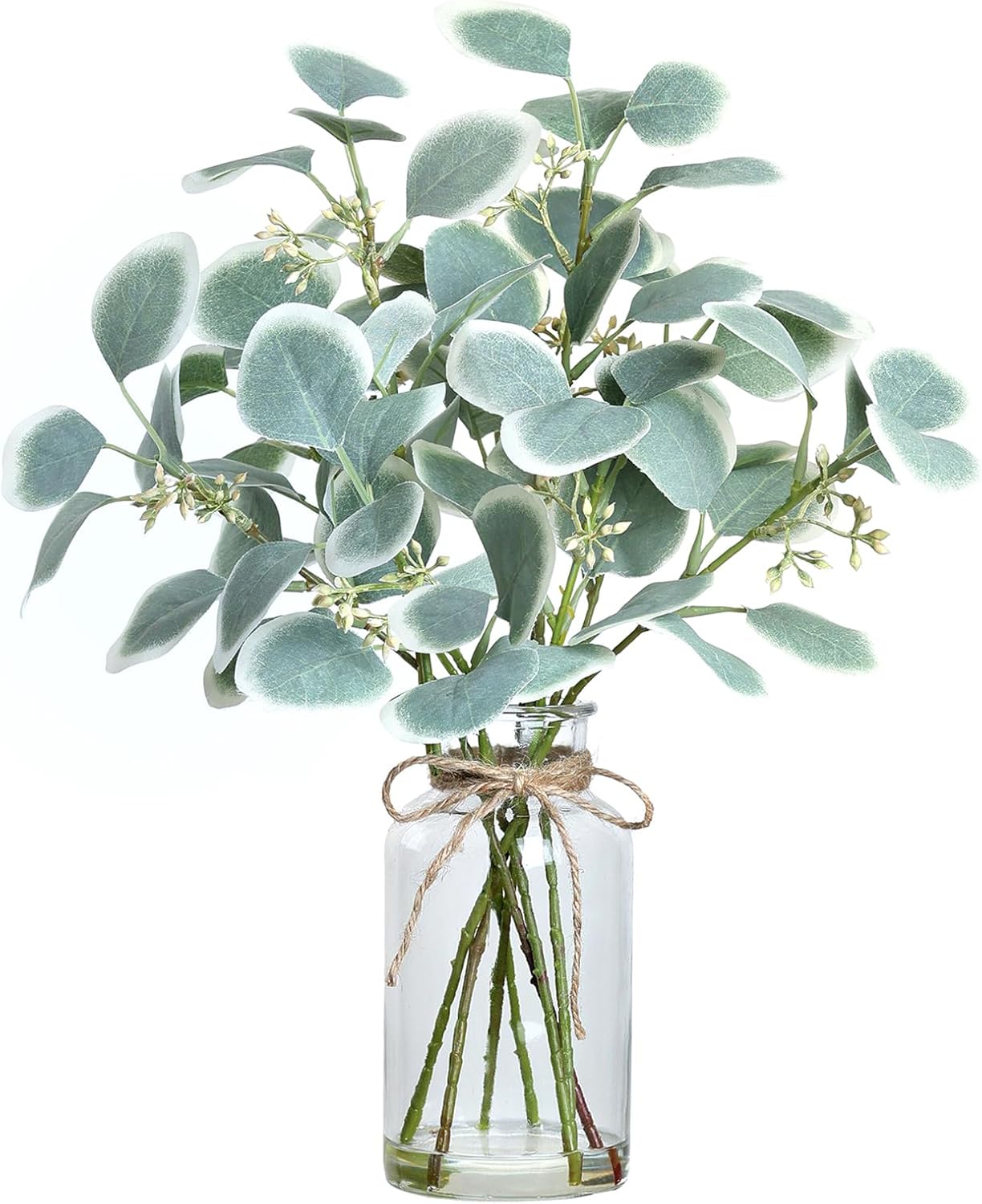 VIERENA Artificial Eucalyptus Stems in Glass Vase with Faux Water,15″ Fake Plant Eucalyptus Leaves White Seeds for Centerpiece Table Decorations Farmhouse Wedding Home Greenery Decor (White-Green)