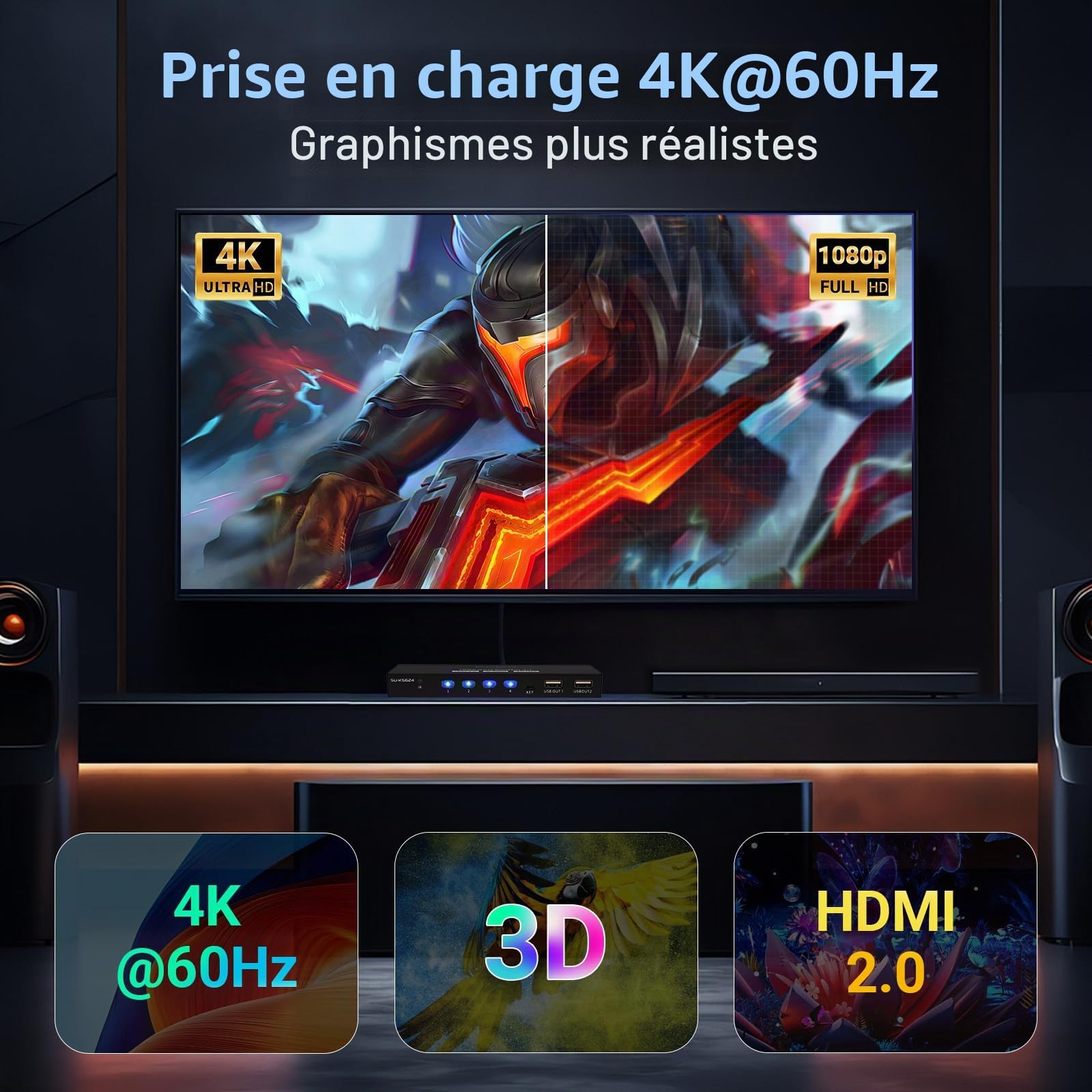 KVM Switch 4 PC 1 Monitor 4K60Hz - HDMI Commutateur KVM 4 Port PC Share Moniteur USB 2.0 Clavier Souris KVM Switch 4 Ordinateurs Télécommande et 4 Câbles KVM et Contrôleur de Bureau Inclus