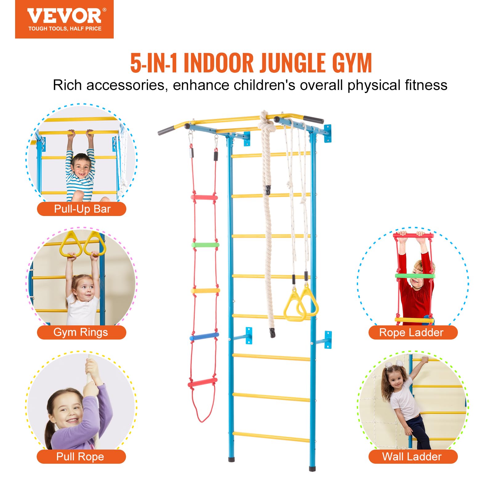 VEVOR 5 en 1 Juego de Escalada para Niños con Escalera Sueca de Acero al Carbono, Escalera de Pared, Barra de Dominadas, Escalera de Cuerda y Anillos de Gimnasia, Carga de 99,8 kg, Multicolor