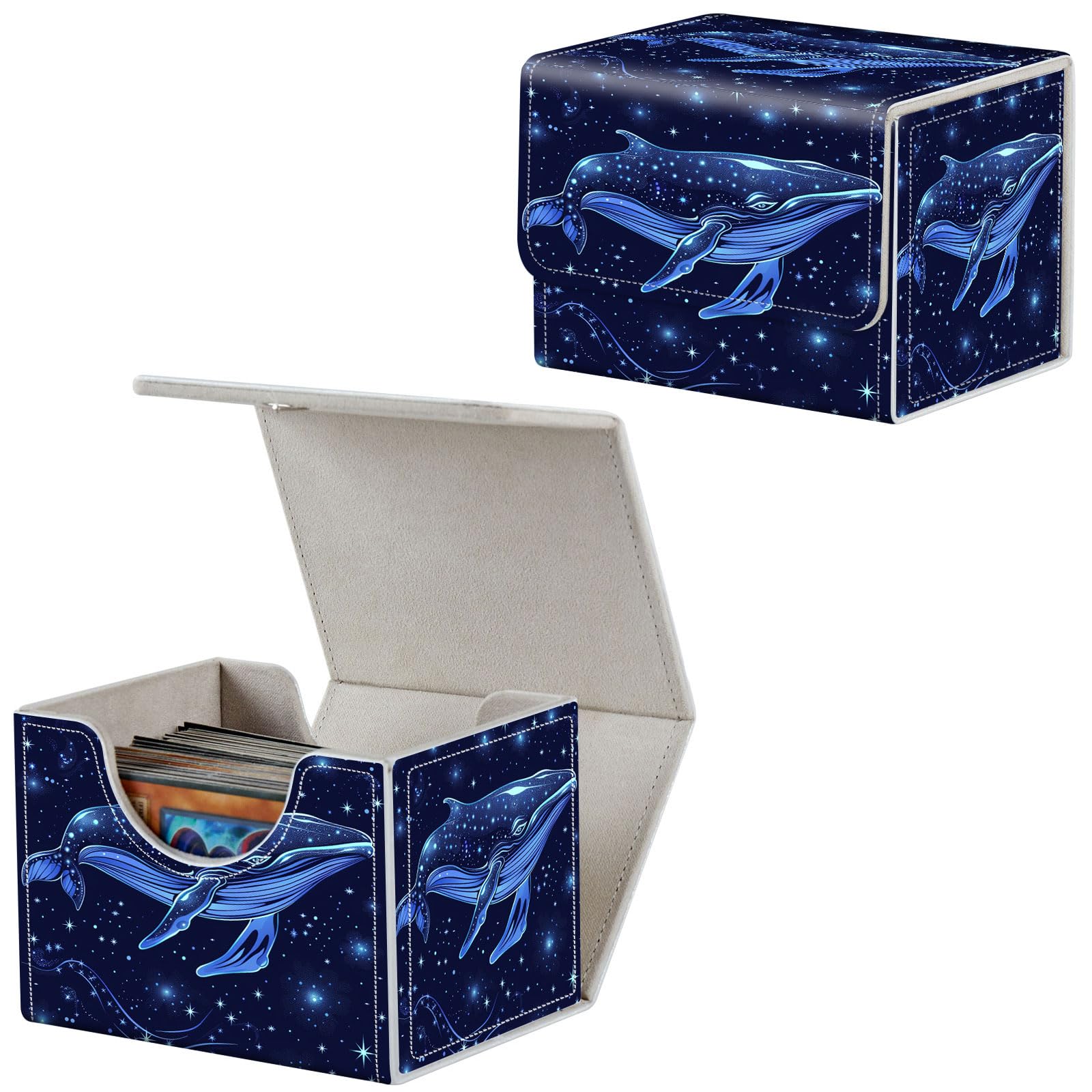 Qindaiwen Card Deck Box for MTG, Fits 100+ Single Sleeved Cards, PU Leather Trading Card Storage Box for TCG, CCG, MTG Cards, Strong Magnet Magic Gathering Deck Box, Blue Whale