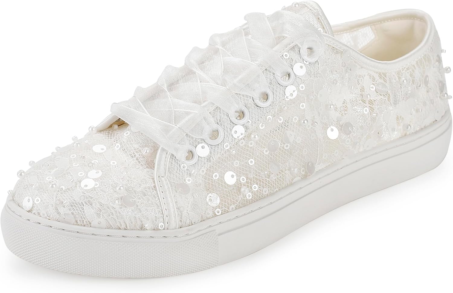 883-8 Women's Wedding Sneakers Lace Sequin Bridal Flats Breathable Comfortable Casual Shoes