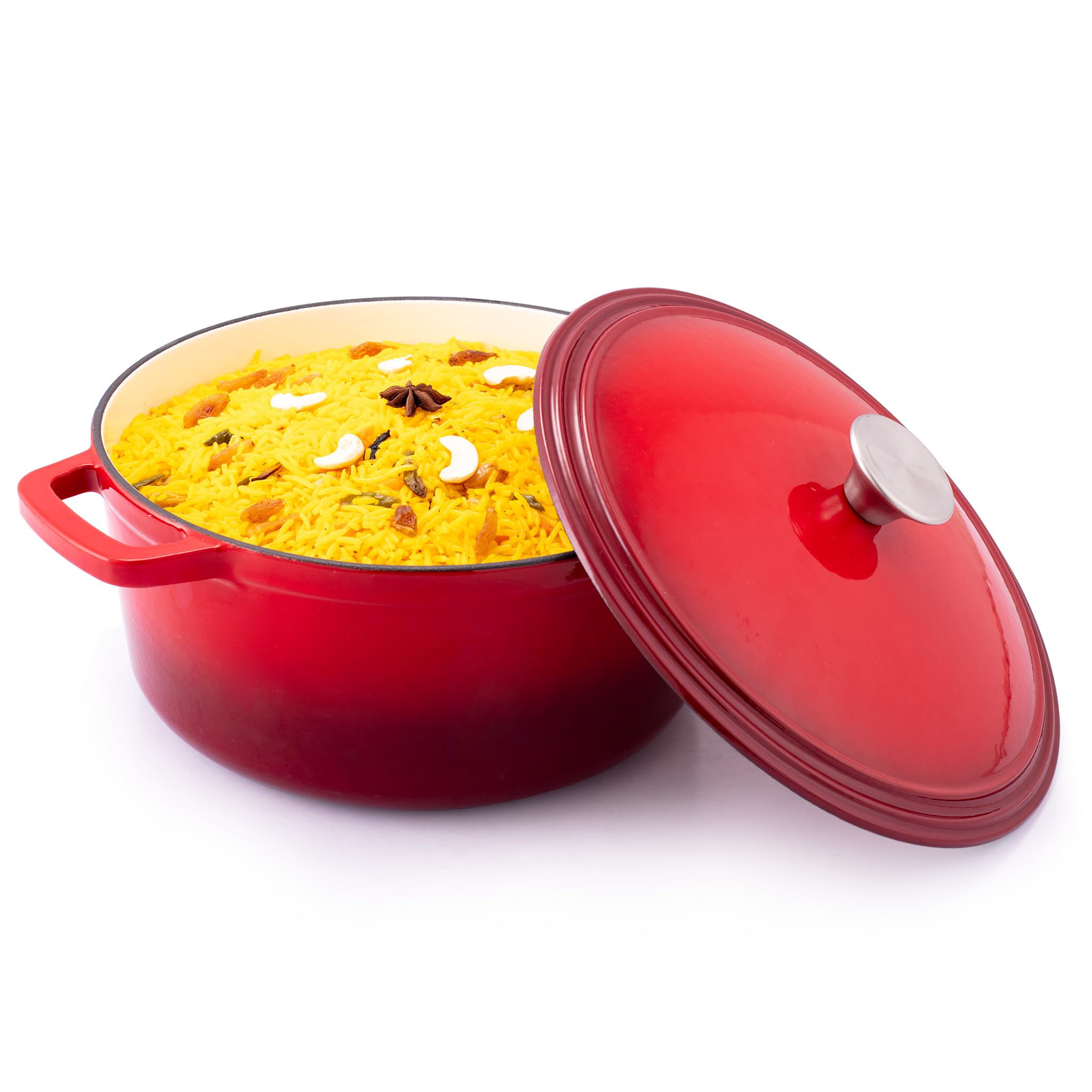 AGARO Royal Enamelled Cast Iron 5L Casserole with Lid, Cooking Pot, No Chemical Coating, Fast Heat, Heavy Weight, Gas & Induction Oven Compatible, for Meat, Dal, Curry, Biryani, Pulao, Red
