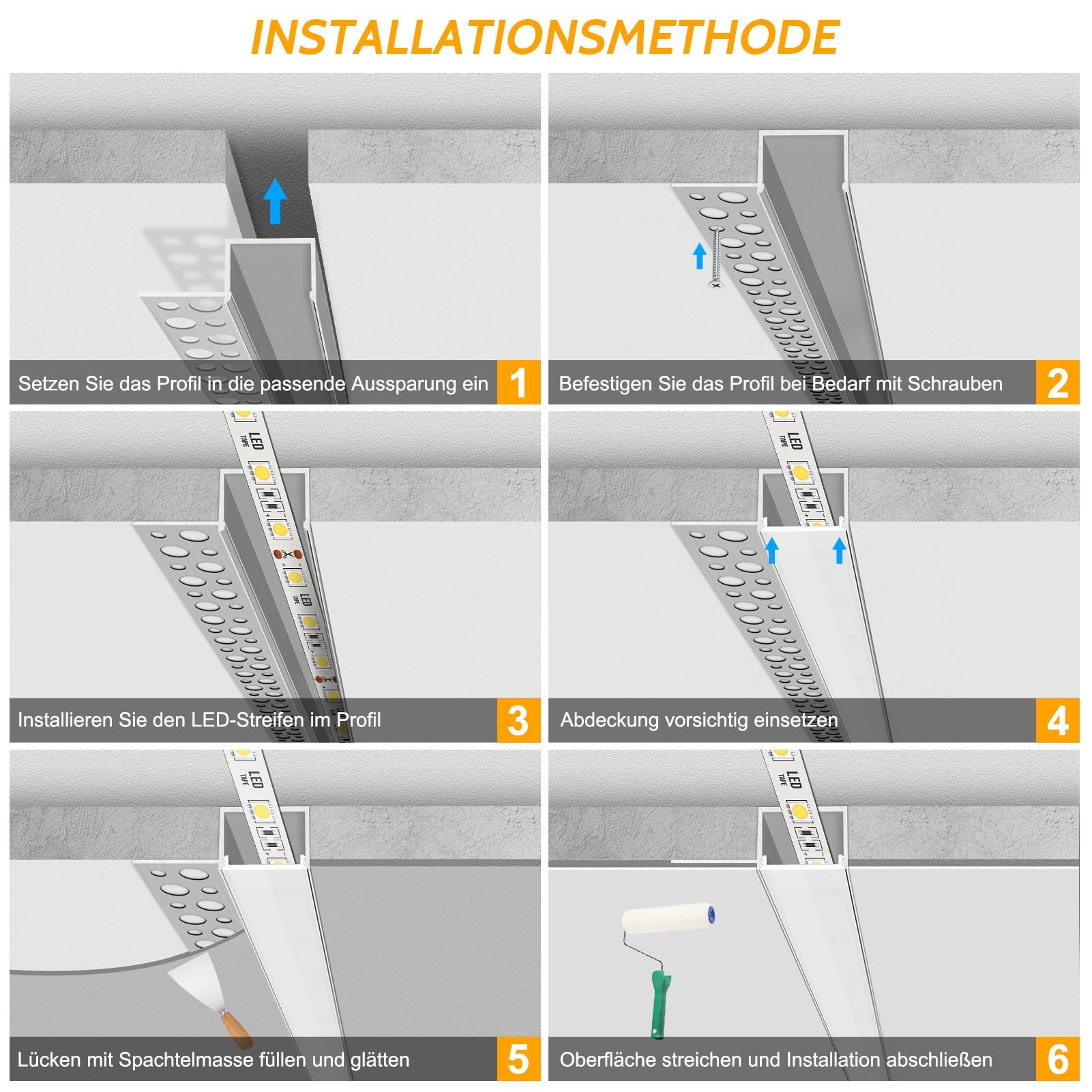 LEDLightsWorld Putzbares Aluminium LED Profil für 13mm LED Streifen, 10er Set 3,3 ft/1 m mit Milchiger Abdeckung, Einbau Trockenbauprofil für Wand und Decke