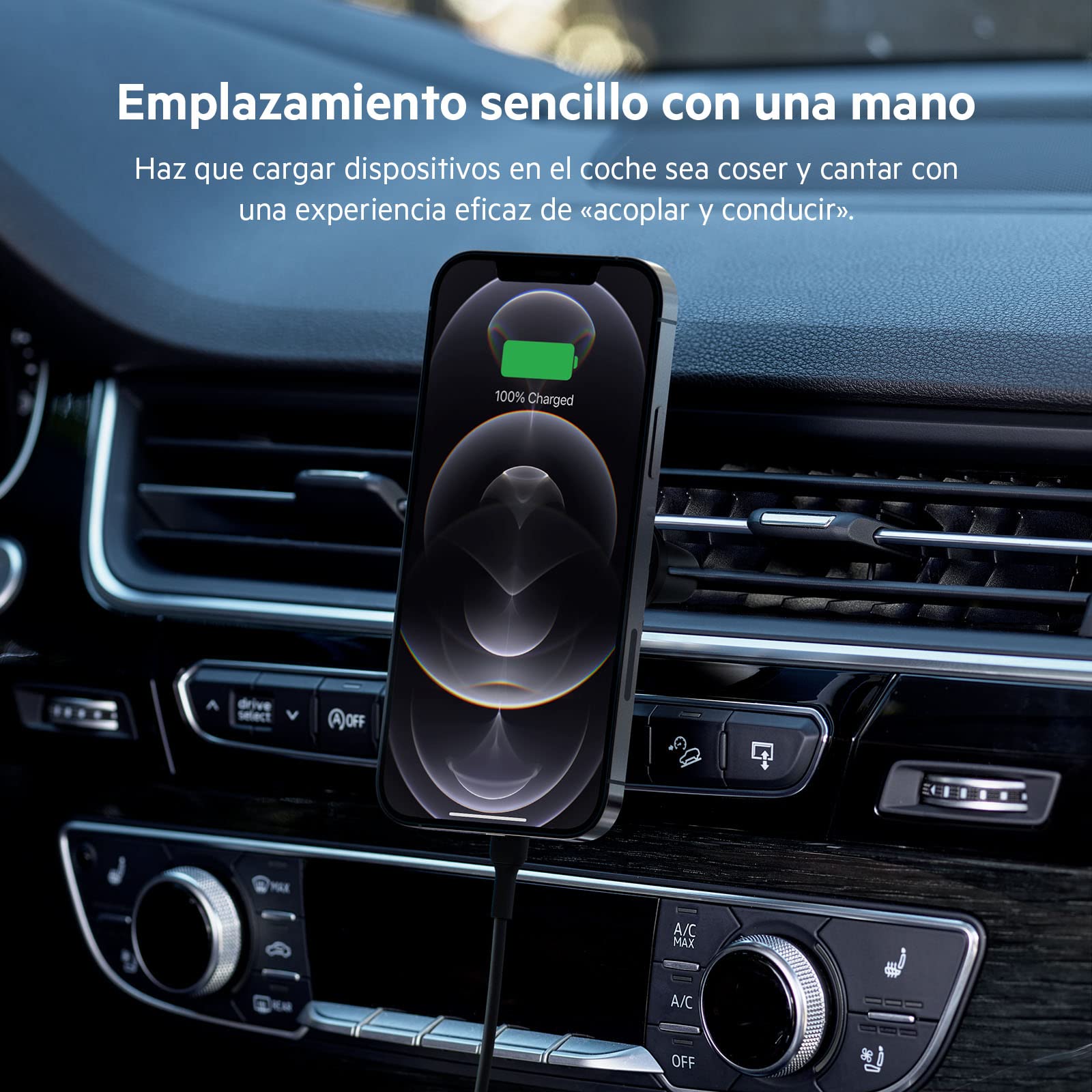 Belkin BoostCharge Cargador Magnético para coche con soporte, Compatible con Smartphones con MagSafe, la serie iPhone 17, iPhone Air, iPhone 16, Pixelsnap (cable y Cargador incluidos)