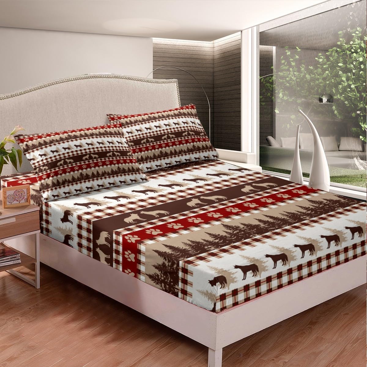 Erosebridal Wolf Full Size Fitted Sheet,Rustic Checkered Buffalo Plaid Sheets,Geometric Bear Paw Print Bed Sheets,Botanical Pine Tree Woodland Bedding Set 3Pcs(1 Fitted Sheet,2 Pillowcases)