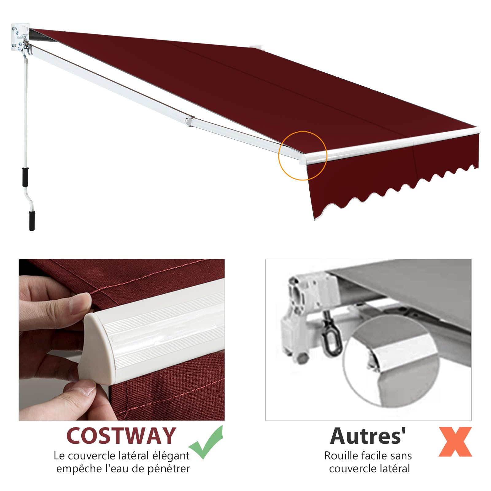 COSTWAY Store Banne Manuel Rétractable de 245 x 200CM Angle Ajustable 40°-100°, Auvent de Terrasse en Aluminium Manivelle Tissu Résistant aux UV et Eau pour Fenêtre Terrasse Balcon (Rouge)