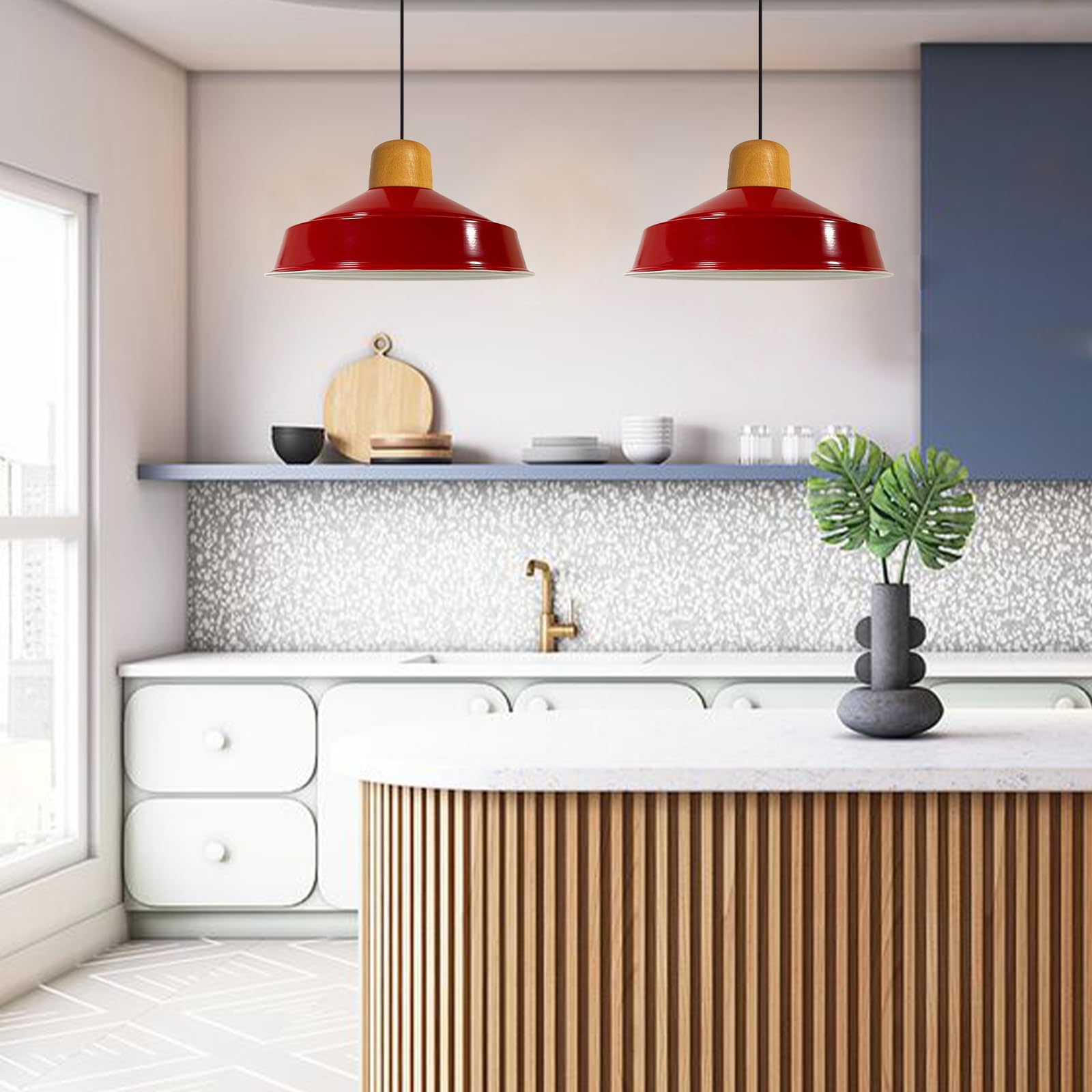 Bamyum Lampadario a Sospensione Vintage Industriale - 40 cm Diametro, Lampada in Legno, Rosso