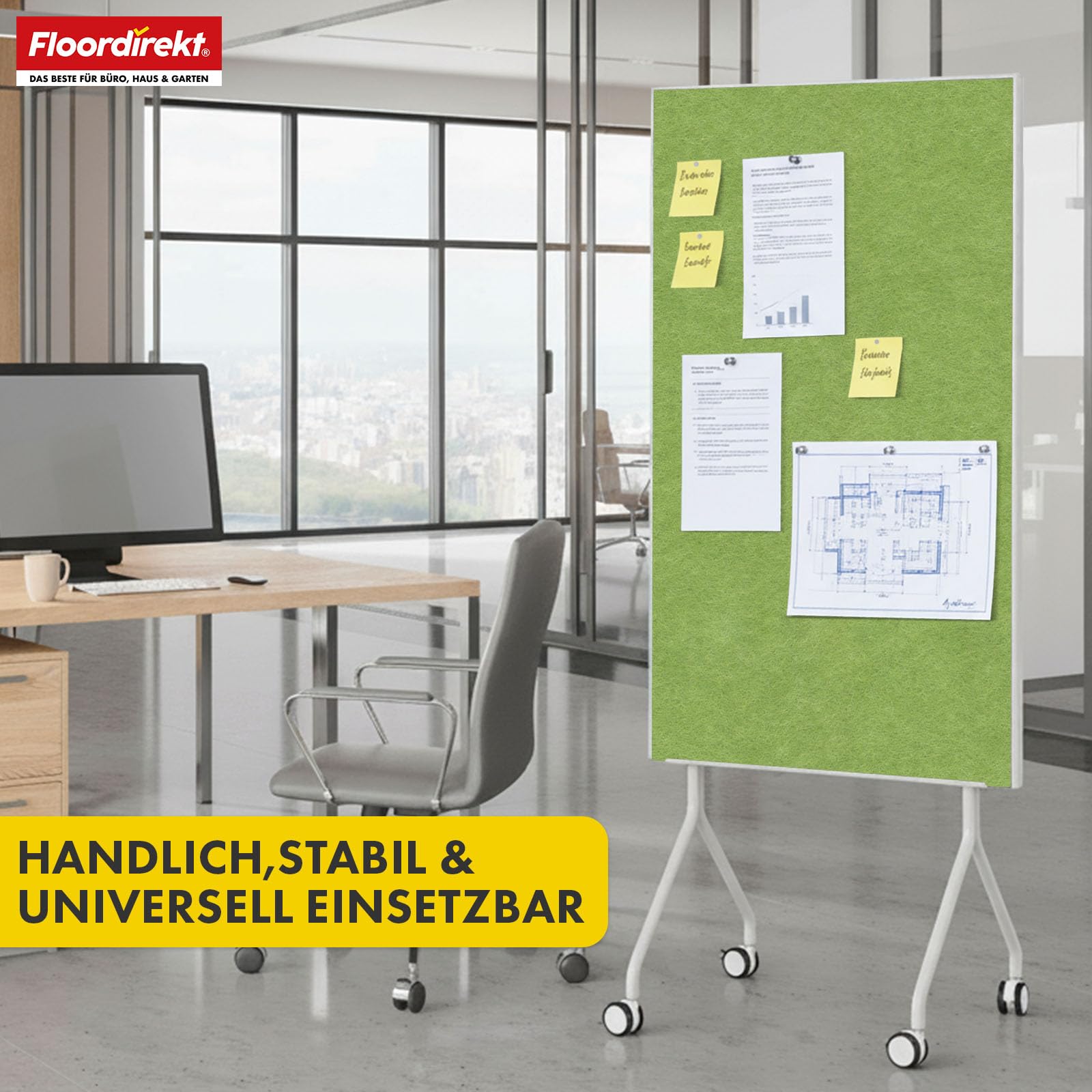 Floordirekt Dwustronna tablica do moderacji, 80 x 120 cm, tablica prezentacyjna z regulowanymi rolkami – tablica filcowa do przypinania – stabilna metalowa rama – Giant (zielona)