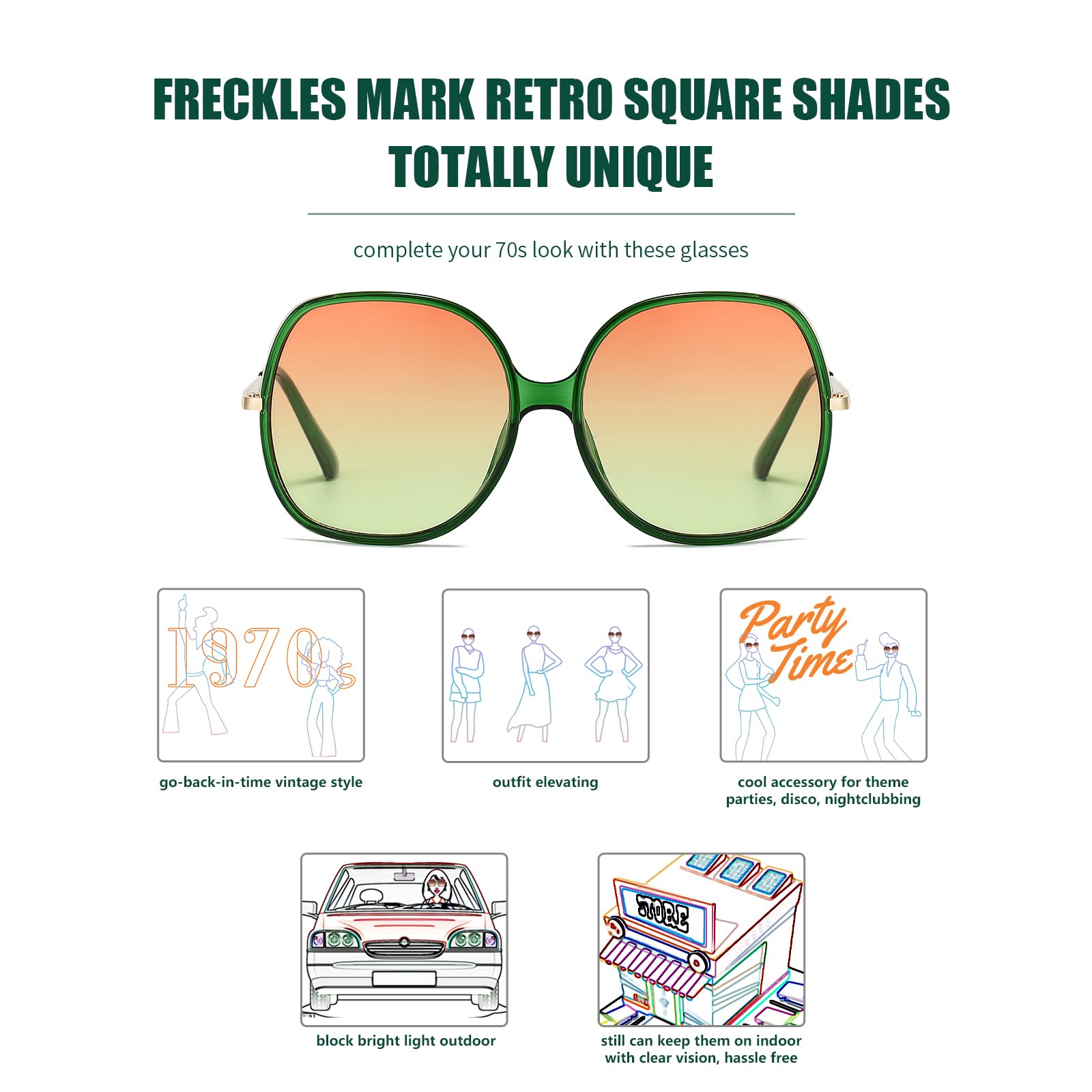 Gafas de sol cuadradas de gran tamaño de los años 70 para mujer, marco de plástico rectangular vintage, Verde claro / naranja degradado amarillo 4