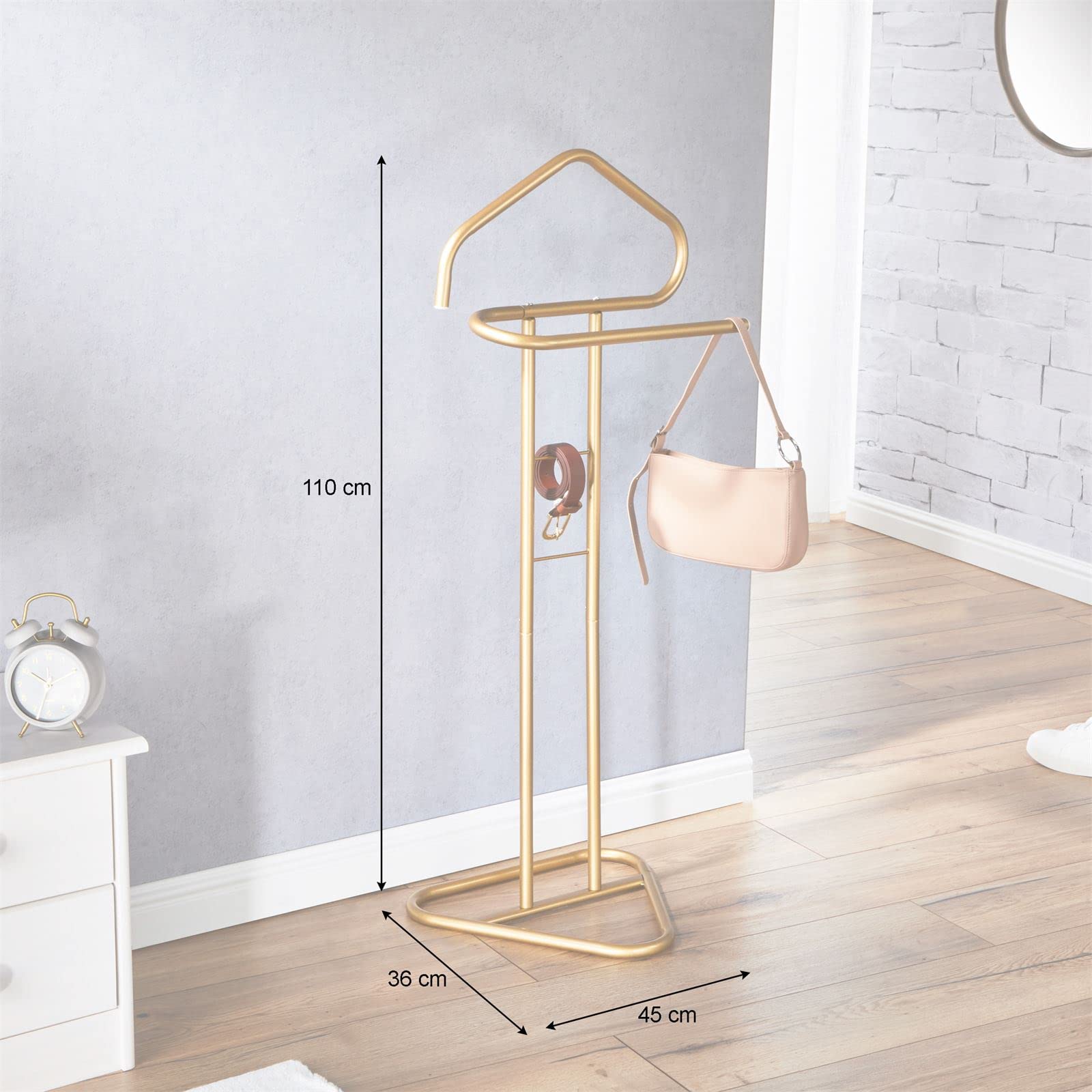 IDIMEX Valet de Chambre Valet de Nuit Camilo chevalet de Nuit avec Cintre pour Veste et Portant pour Pantalon et Autres vêtements, en métal laqué Or