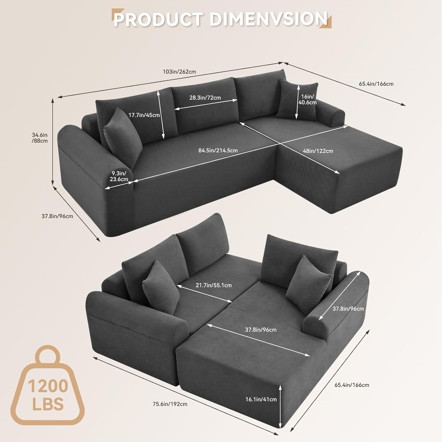 Modular Sectional Sofa with Chaise, Cloud Sectional Couch with Deep Seat, Modular L-Shape Sofa Corduroy Boneless Couch for Living Room,Bedroom,No Assembly Required(Deep Gray, Right Facing Chaise)