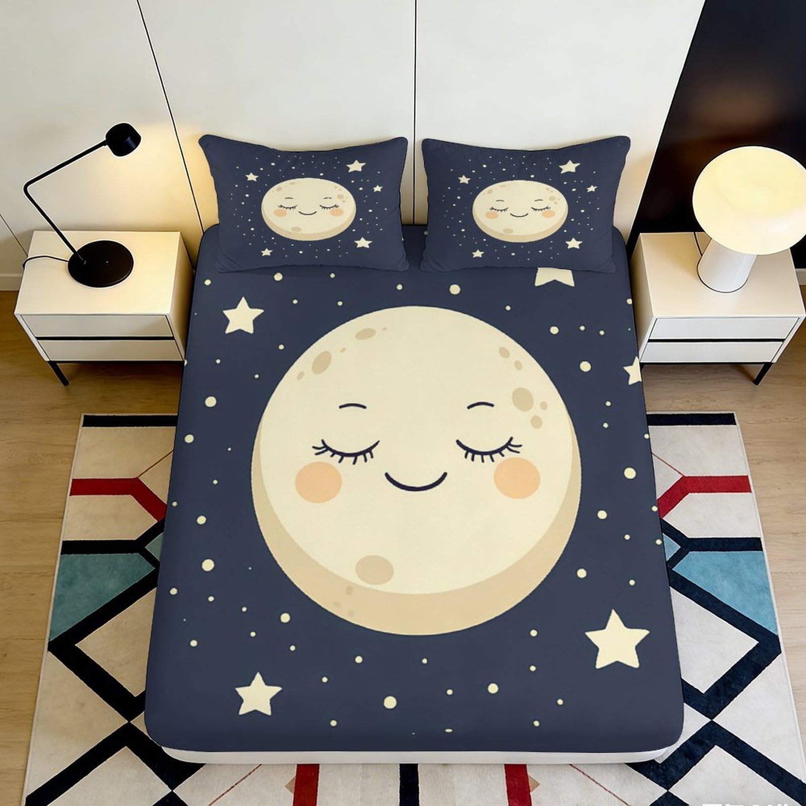 3D Printed Cute Moon Fitted Sheet Microfiber Non-Slip Deep Pocket Starry Bedroom Mattress Fitted Cover Full Wrap Washable 200x200x25cm 90x200x25cm