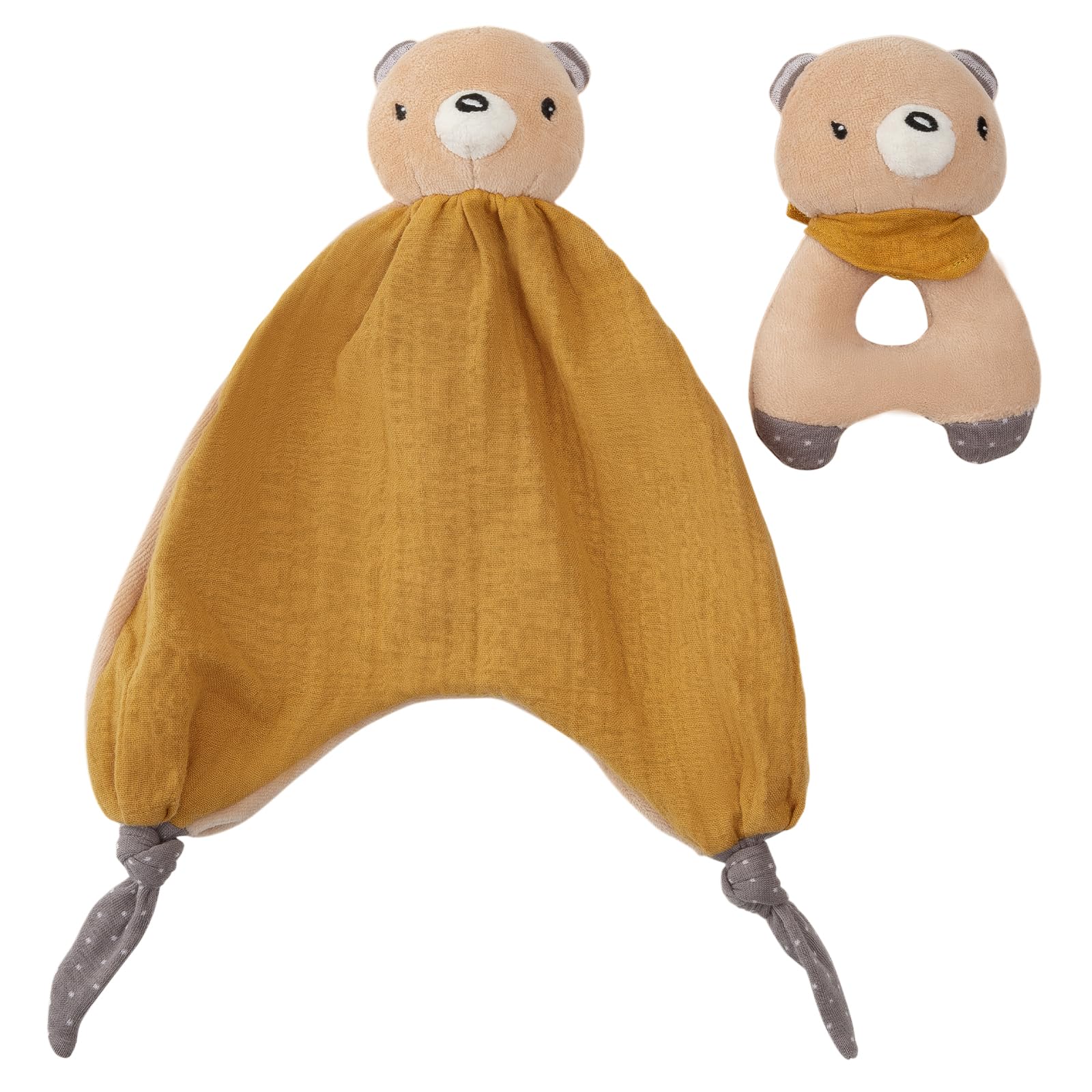 CUDDLE CORNER Organic Cotton Stuffed Animal Rattle Baby Toys, Plush Bear Cuddle Cloth and Hand Grip Ring Rattles Plush Toy Set for Newborns Infant