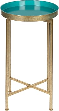Kate and Laurel Celia Round Metal Foldable Tray Accent Table, Teal with Gold Base