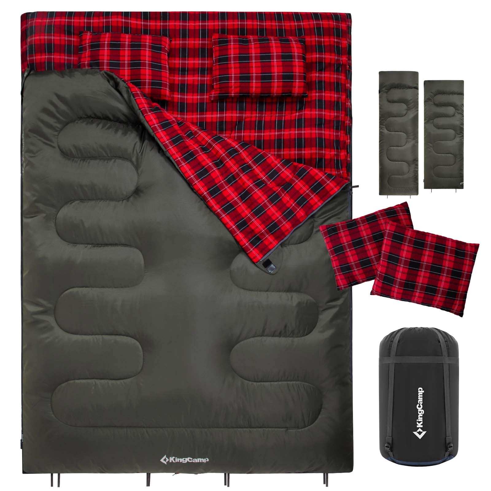 Condition photo showing Good Condition for kingcamp double sleeping bag for adults, queen size 2 person xxl flannel sleeping bag, waterproof lightweight flannel quilt with 2 pillows, perfect for couples family camping hiking