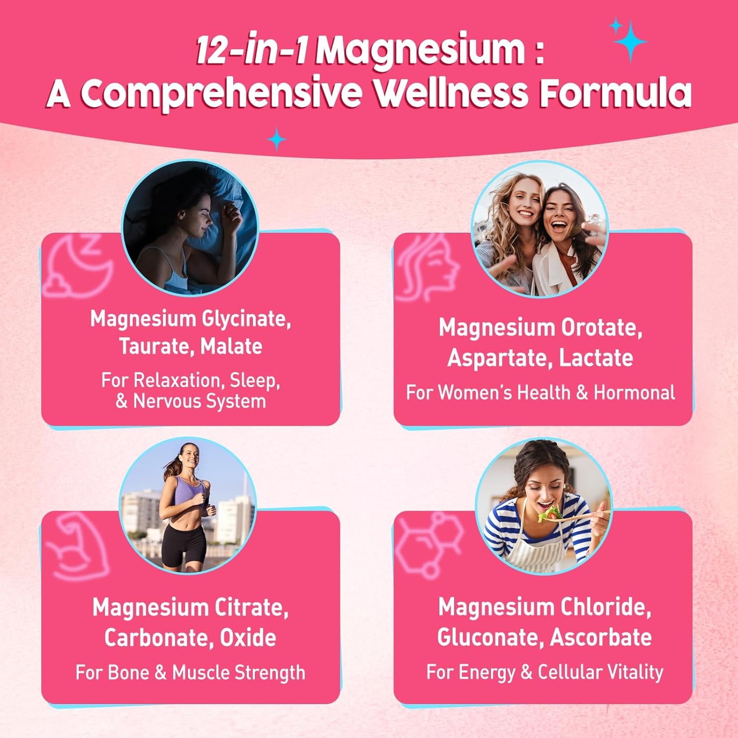 12-in-1 Magnesium Complex Gummies for Women, 1000mg Liposomal Magnesium Glycinate Citrate Malate Oxide Supplement with D3, Methylated B6&12, Zinc for Relax, Sleep, Bone, Muscle Health, Vegan, 60 Chews - Image 2