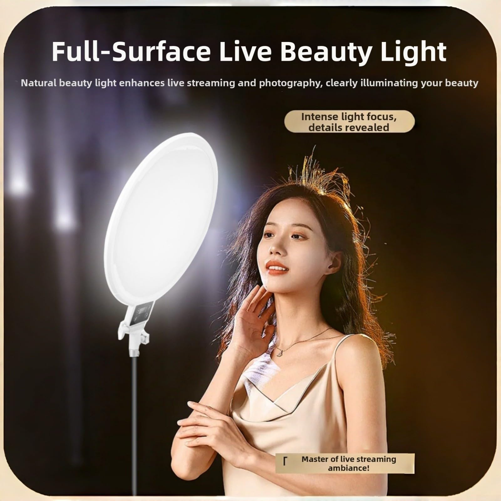 Luce ad anello a LED dimmerabile, con display Ultra HD, luce morbida per Live Streaming, selfie e videoconferenze, regolazione flessibile dell'angolo, bianco (bianco A)