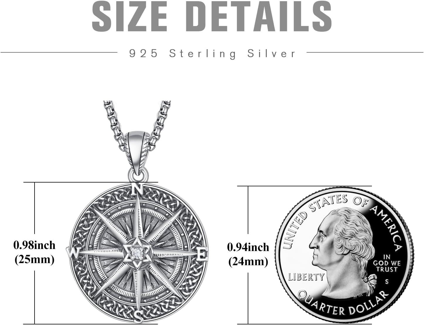 KINGWHYTE Compass Necklace for Men 925 Sterling Silver Birthday Gifts Graduation Travel Jewelry for Husband Brother with Stainless Steel Chain - Image 6