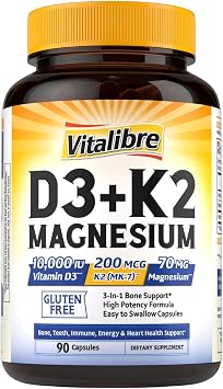 Vitalibre D3 K2 + Magnesium Supplement, 10000 IU Vitamin D3 & 200 mcg K2, with Magnesium Glycinate, Bone, Teeth, Immune & Energy Support, High Absorption, Non-GMO, Easy to Swallow, 90 Capsules
