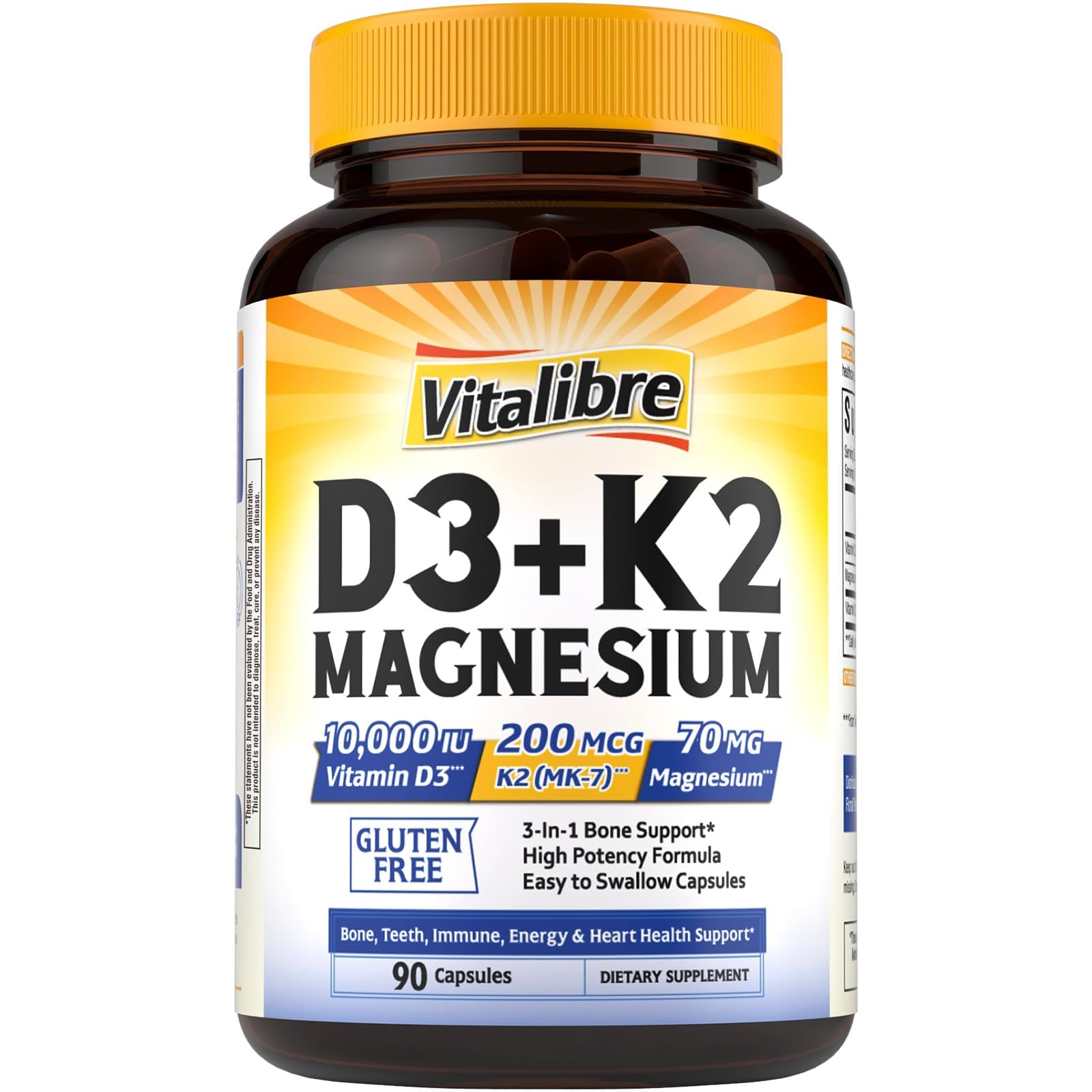 Vitalibre D3 K2 + Magnesium Supplement, 10000 IU Vitamin D3 & 200 mcg K2, with Magnesium Glycinate, Bone, Teeth, Immune & Energy Support, High Absorption, Non-GMO, Easy to Swallow, 90 Capsules 90 Count (Pack of 1)
