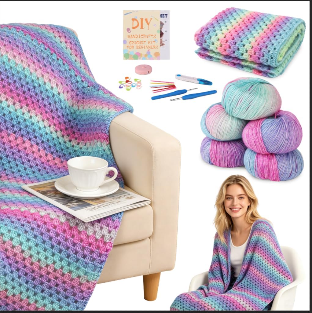 HUYEIOBGD Crochet Blanket Kit for Beginners – Super Easy Crochet Starter Kit with Soft Gradient Yarn, Step-by-Step Video Tutorials & Crochet Accessories, Aurora Purple, Crochet kit