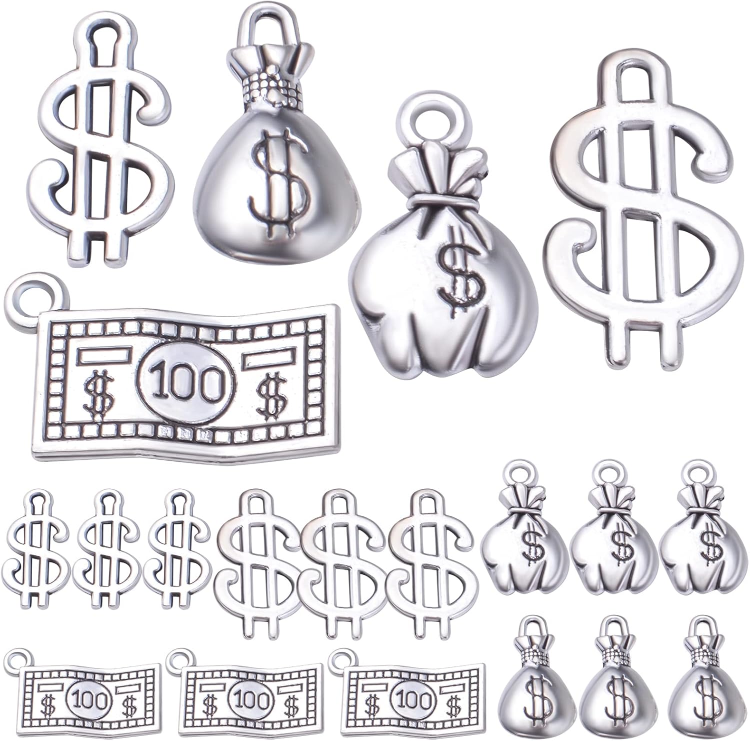 50pcs Antique Silver Dollar Sign Charms Tibetan Alloy Money Bag Pendants 100 Dollars Bill Charms for DIY Bracelets Necklace Jewelry Making Handmade Decoration, 5 Styles